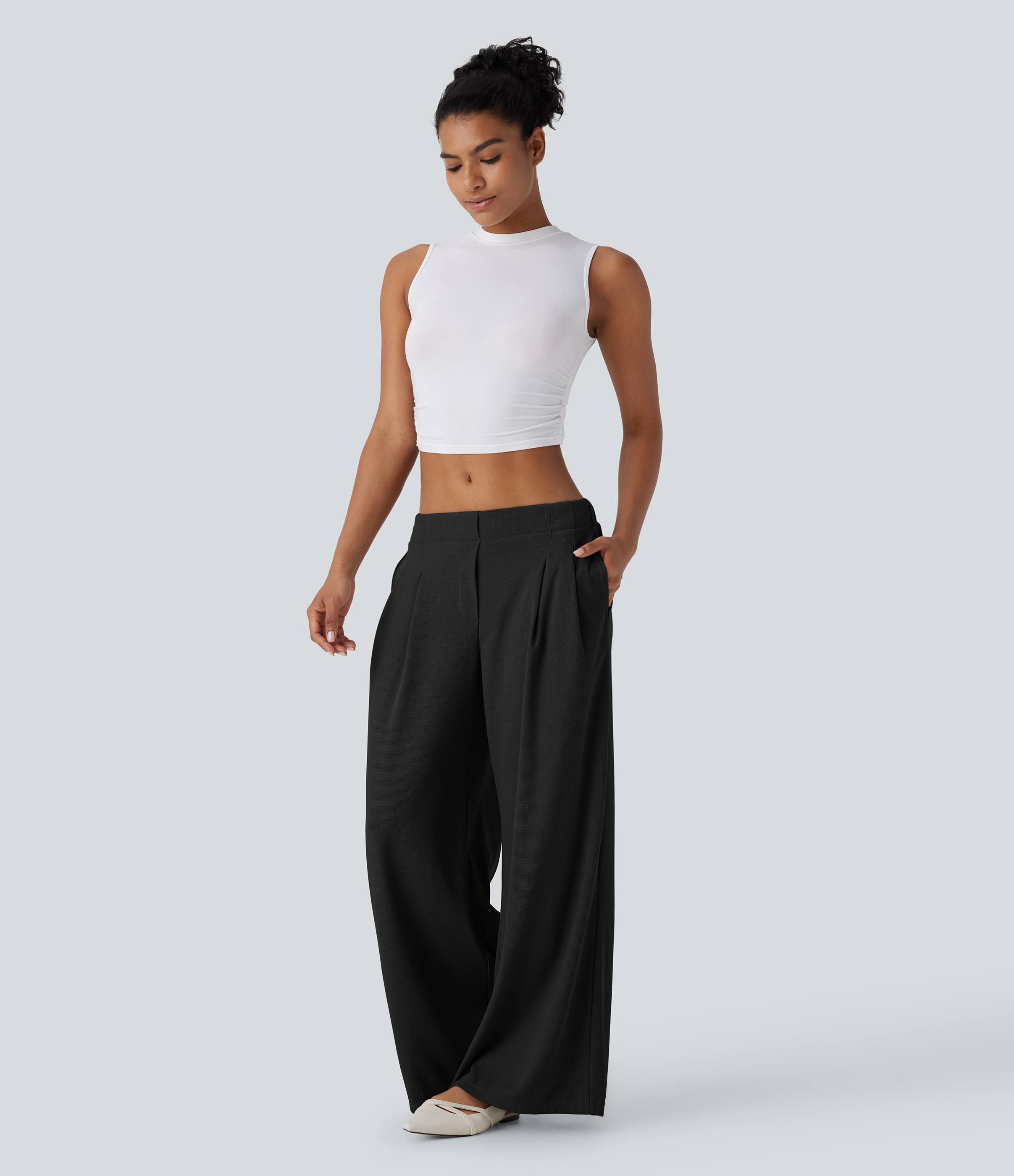 Halara Low Rise Side Pocket Wide Leg Waffle Casual Pants  - Black - XS(regular) sweatpants jogger pants stacked sweatpants cargo joggers 