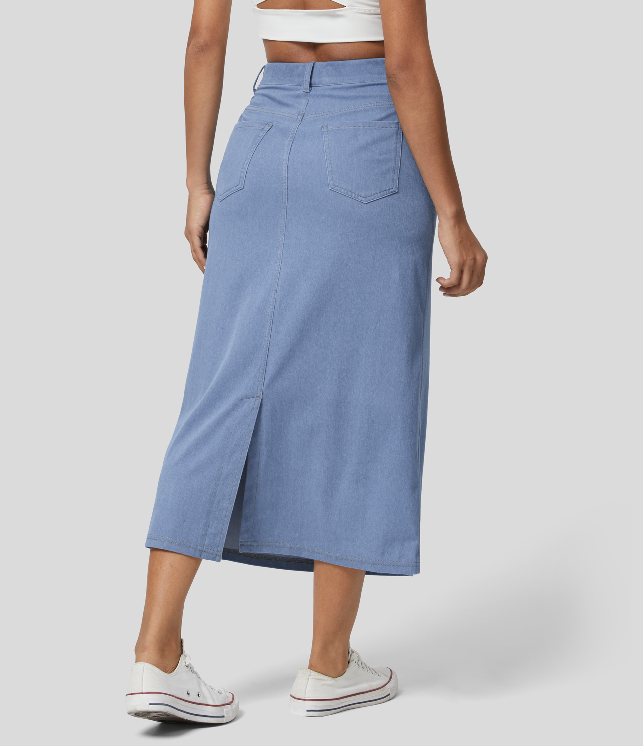 

Halara HalaraMagicв„ў High Waisted Multiple Pockets Split Cool Touch Washed Stretchy Knit Denim Casual Skirt - Blue Dome Denim