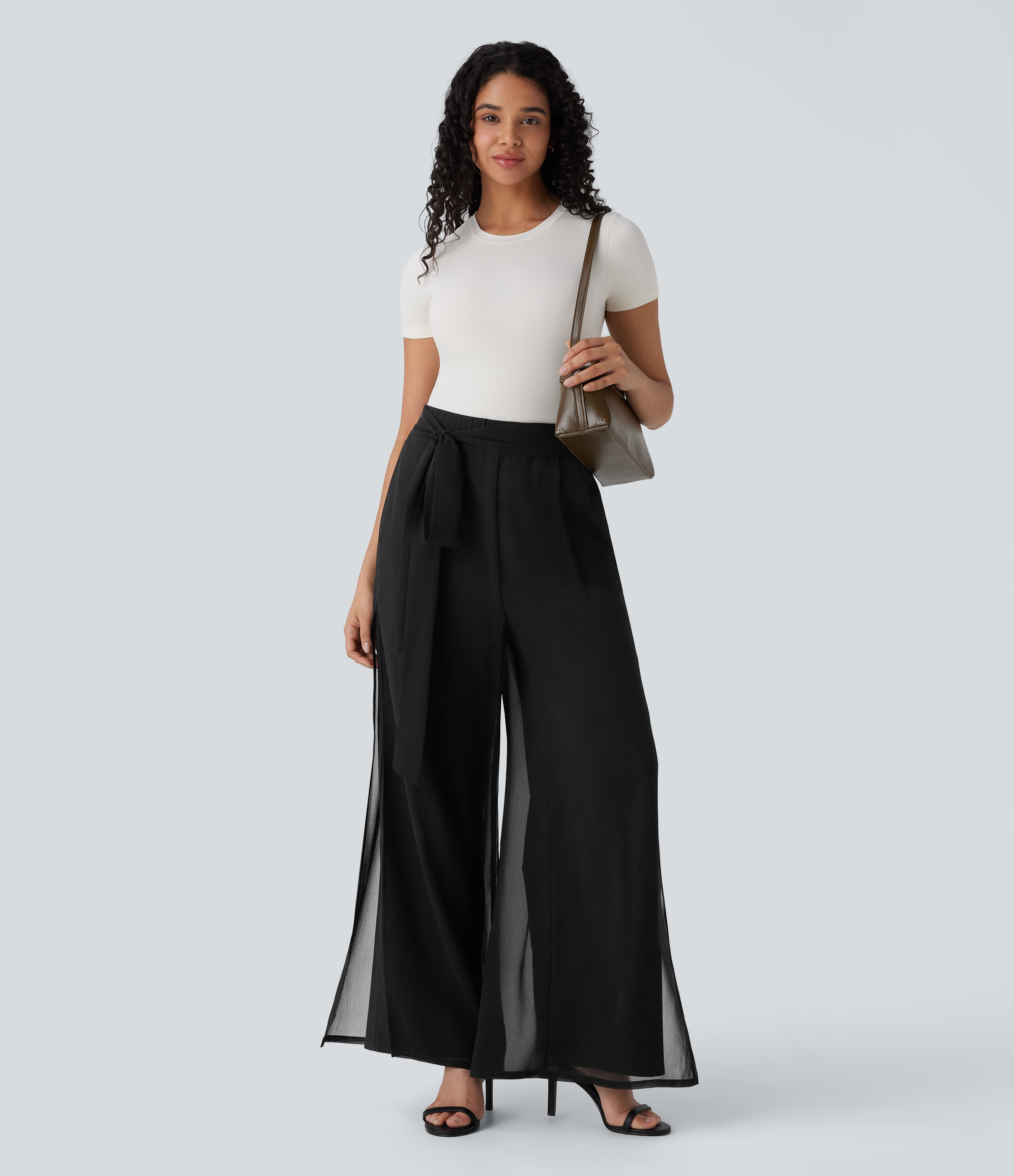 Halara Breezefulв„ў High Waisted Tie Front Invisible Zipper Side Pocket Straight Leg Sheer Chiffon Flowy Quick Dry Work Pants  - Black - XS(regular) 