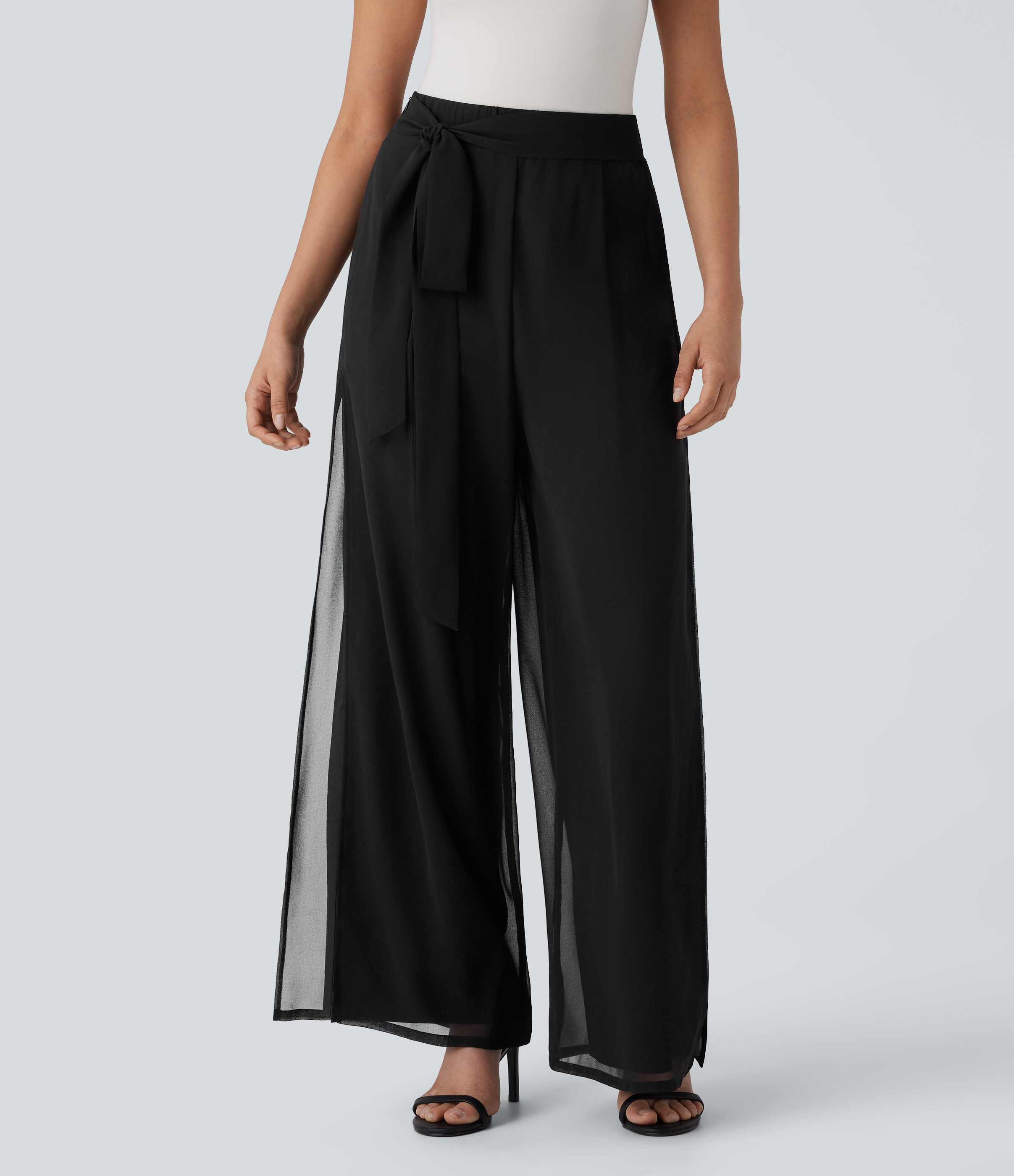 Halara Breezefulв„ў High Waisted Tie Front Invisible Zipper Side Pocket Straight Leg Sheer Chiffon Flowy Quick Dry Work Pants  - Black - XS(regular) 