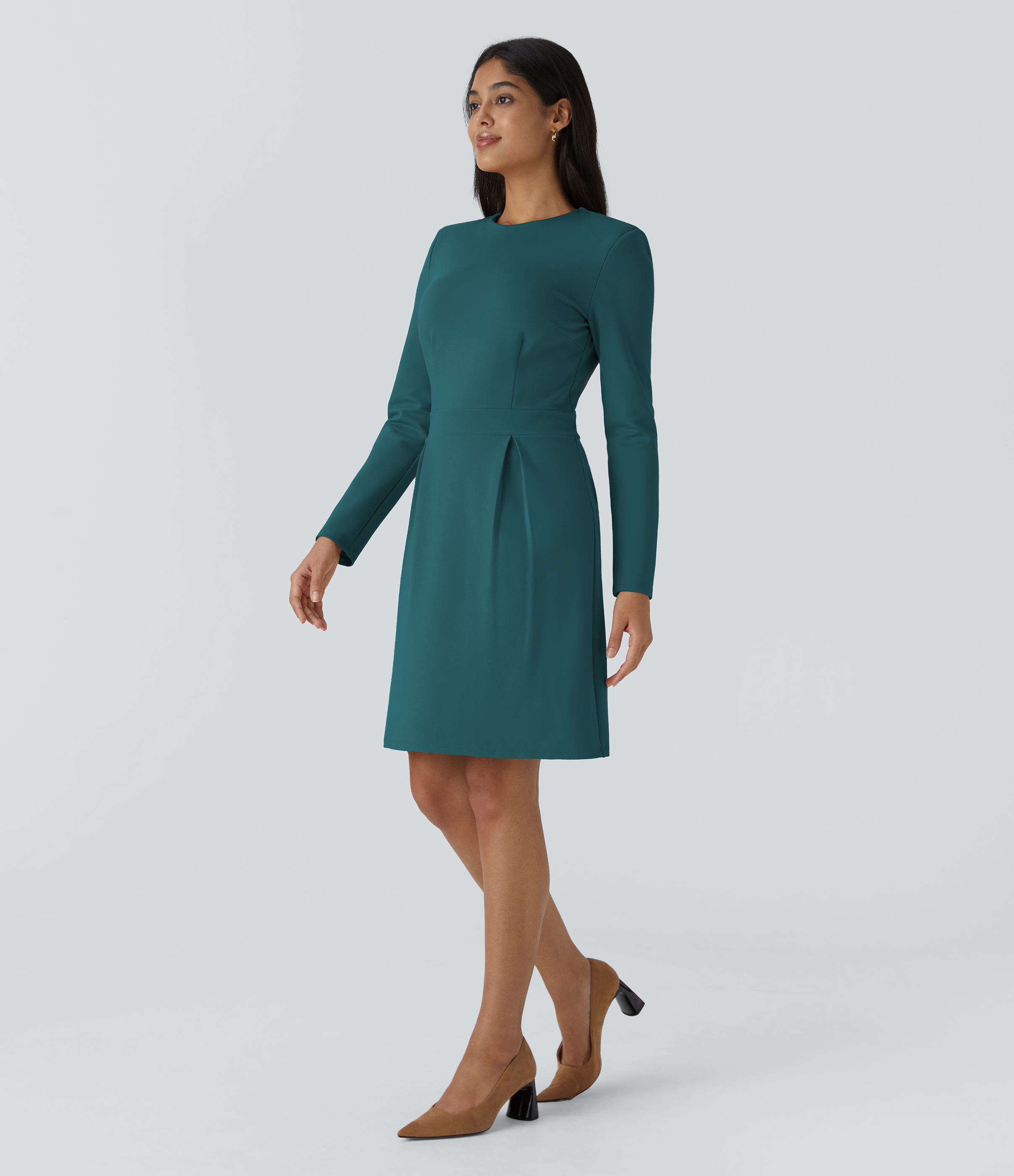 Halara Round Neck Shoulder Pad Long Sleeve Invisible Zipper Split Hem Slim Mini Work Dress Casual Dress - Deep Teal - M(regular) slip dress 
