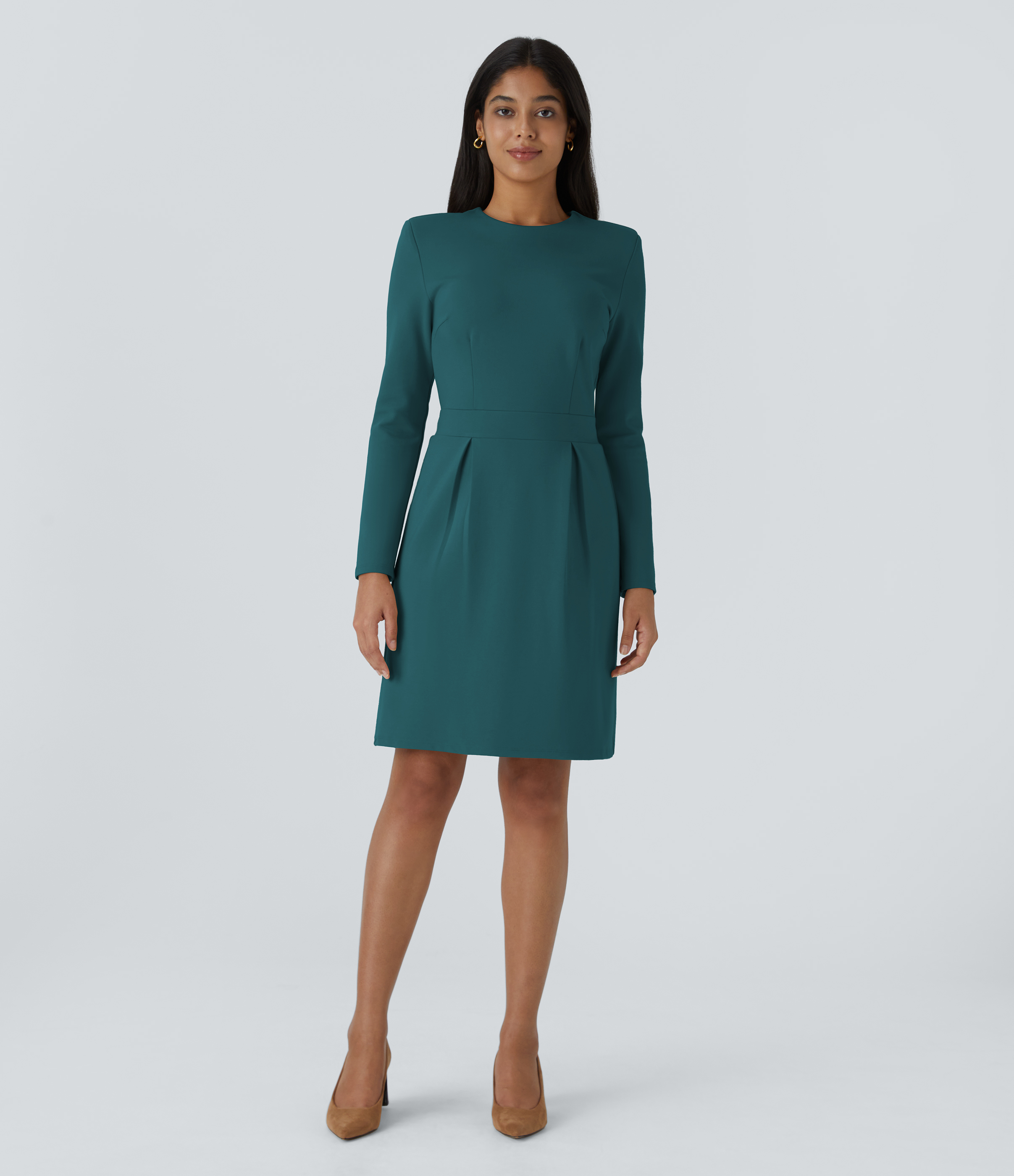 Halara Round Neck Shoulder Pad Long Sleeve Invisible Zipper Split Hem Slim Mini Work Dress Casual Dress - Deep Teal - M(regular) slip dress 