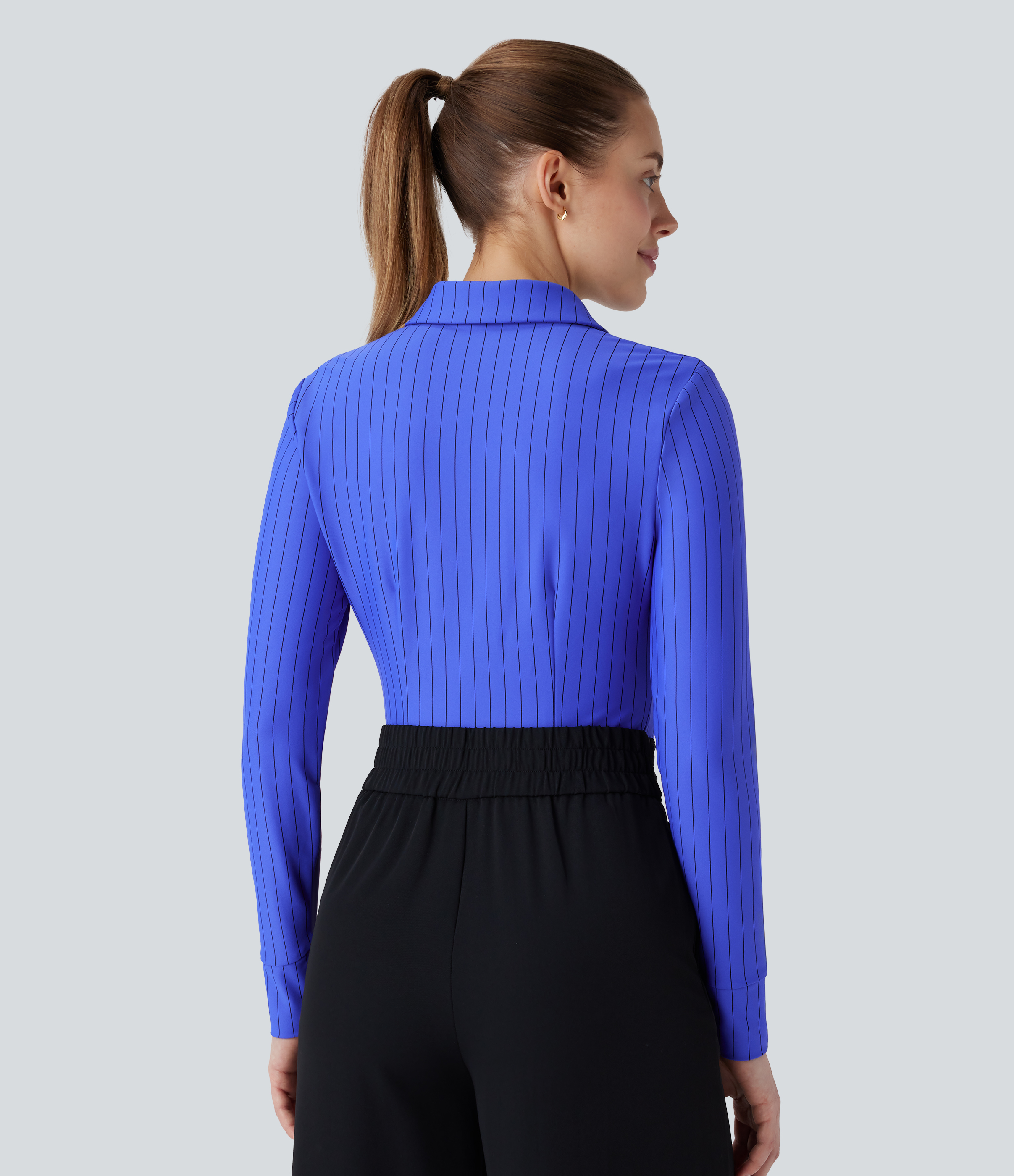Halara Collared Button Ruched Long Sleeve Curved Hem Stripe Cool Touch Work Shirt  - Blue Black Pinstripe - XL 