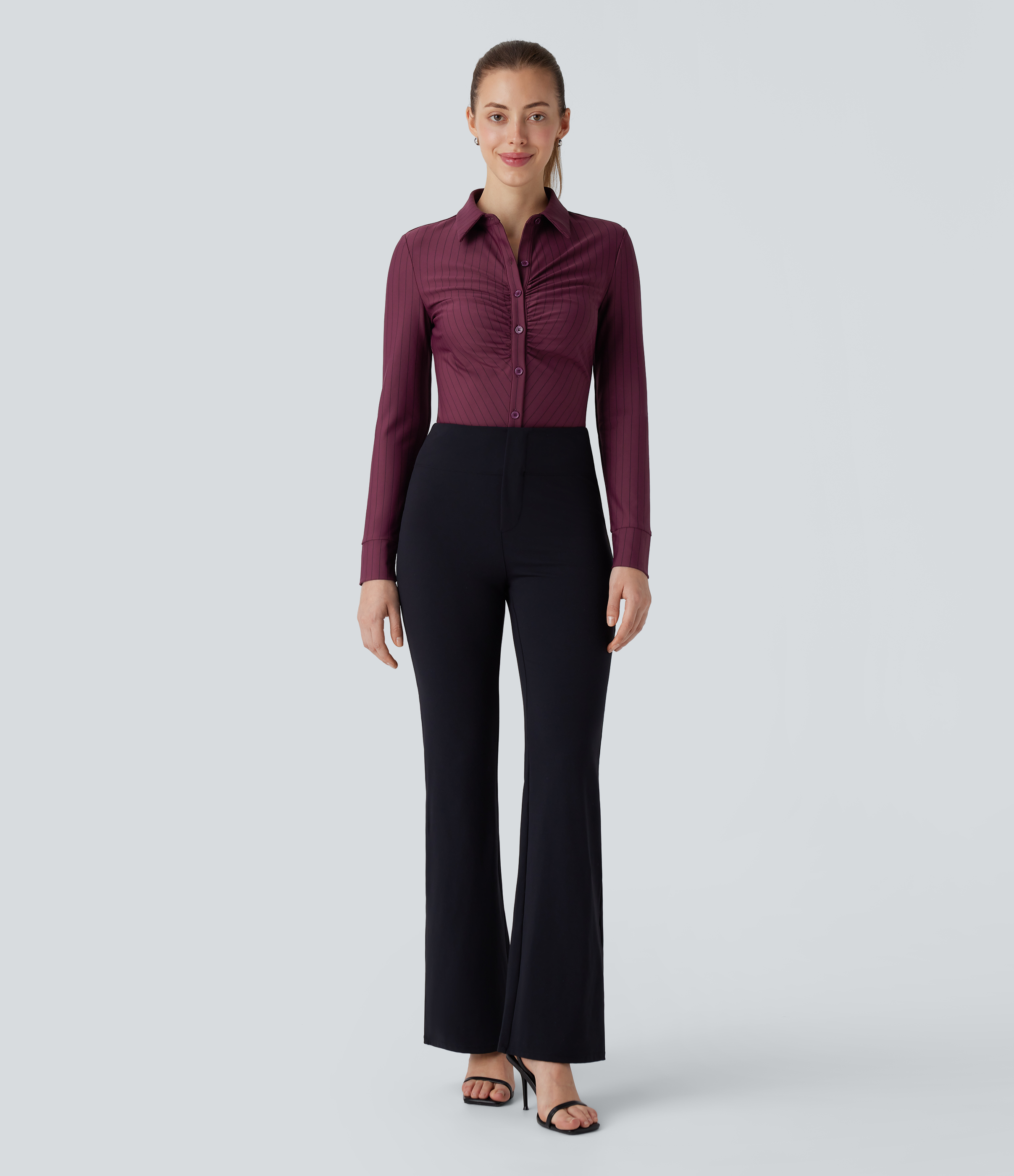 Halara Collared Button Ruched Long Sleeve Curved Hem Stripe Cool Touch Work Shirt  - Wine Red and Black Stripe - XS 