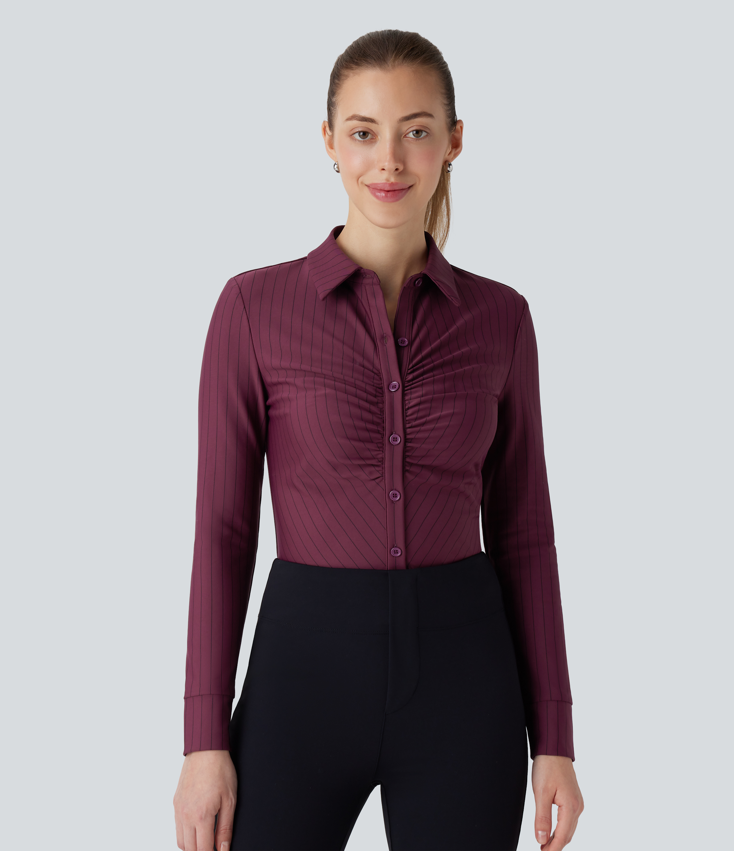 Halara Collared Button Ruched Long Sleeve Curved Hem Stripe Cool Touch Work Shirt  - Wine Red and Black Stripe - XS 