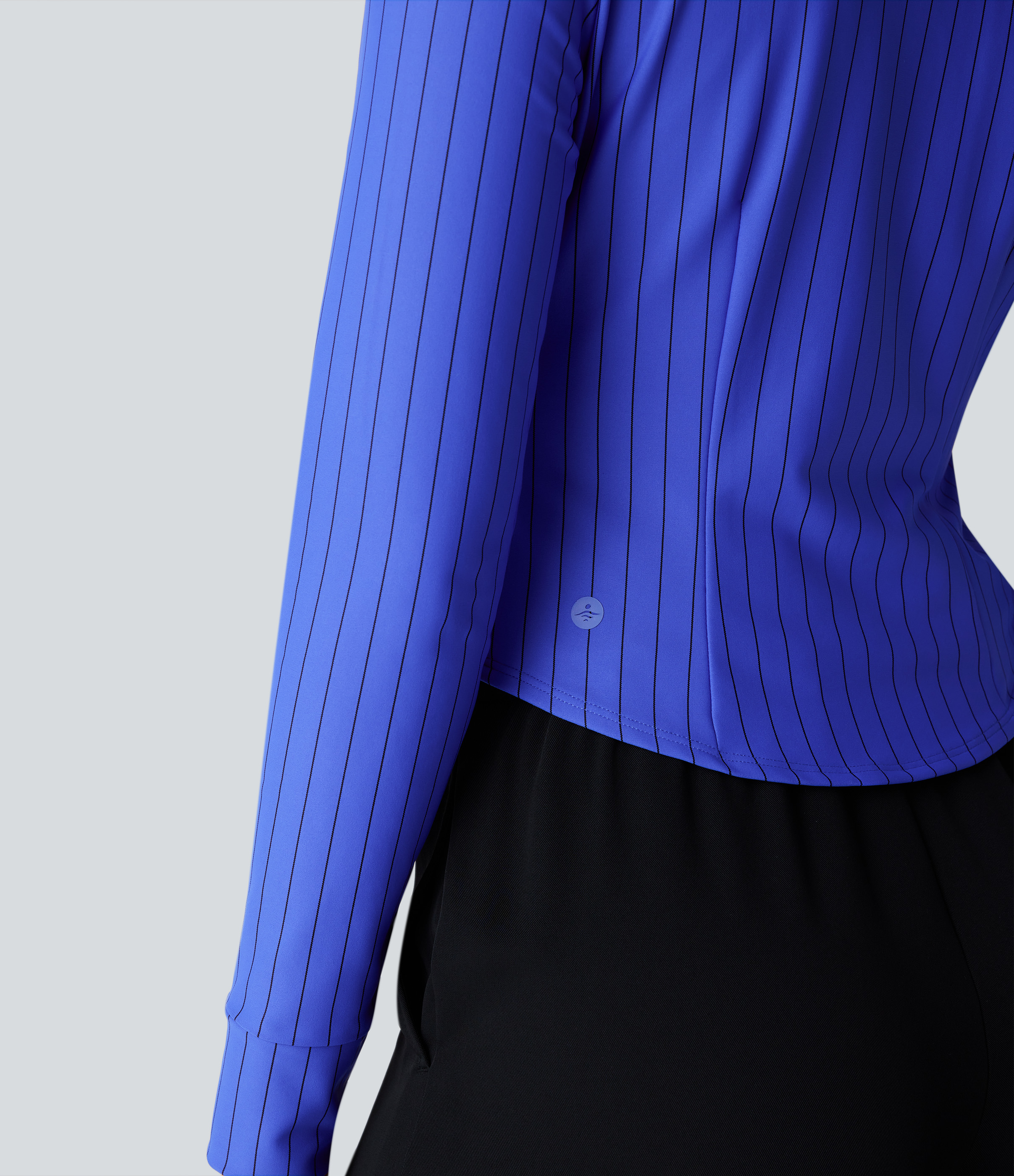 Halara Collared Button Ruched Long Sleeve Curved Hem Stripe Cool Touch Work Shirt  - Blue Black Pinstripe - XL 