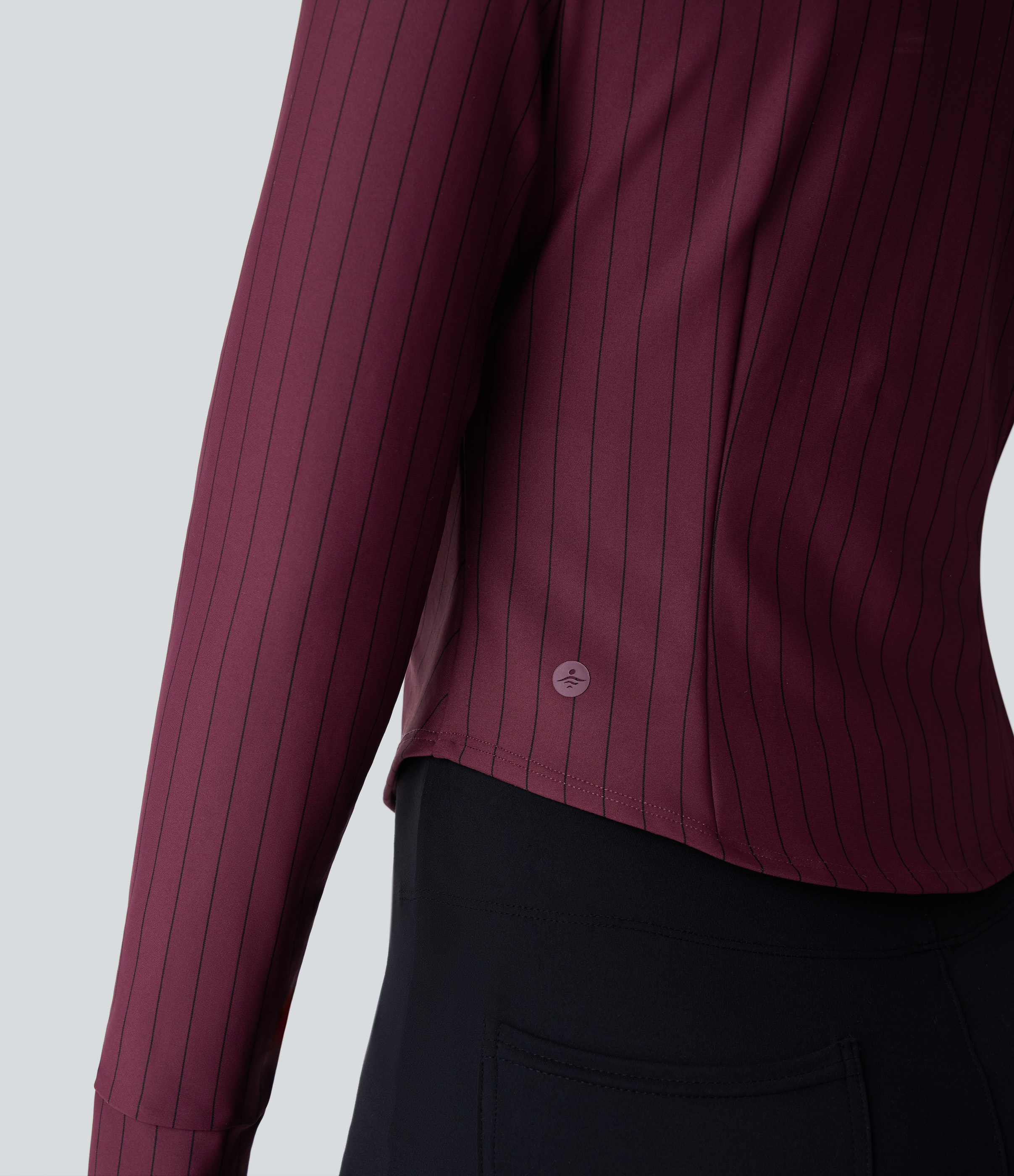 Halara Collared Button Ruched Long Sleeve Curved Hem Stripe Cool Touch Work Shirt  - Wine Red and Black Stripe - XS 