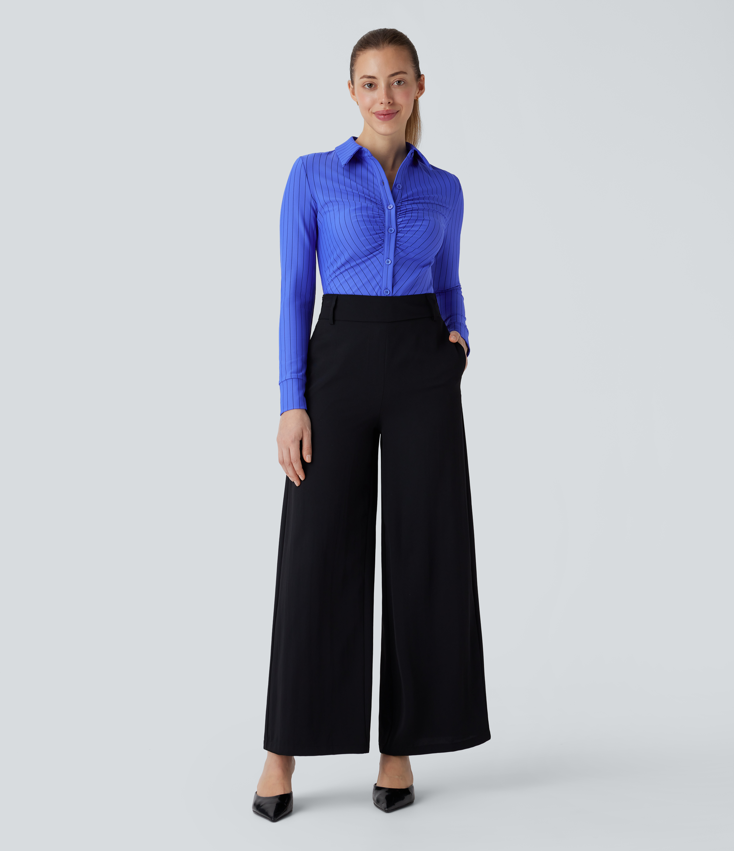 Halara Collared Button Ruched Long Sleeve Curved Hem Stripe Cool Touch Work Shirt  - Blue Black Pinstripe - XL 