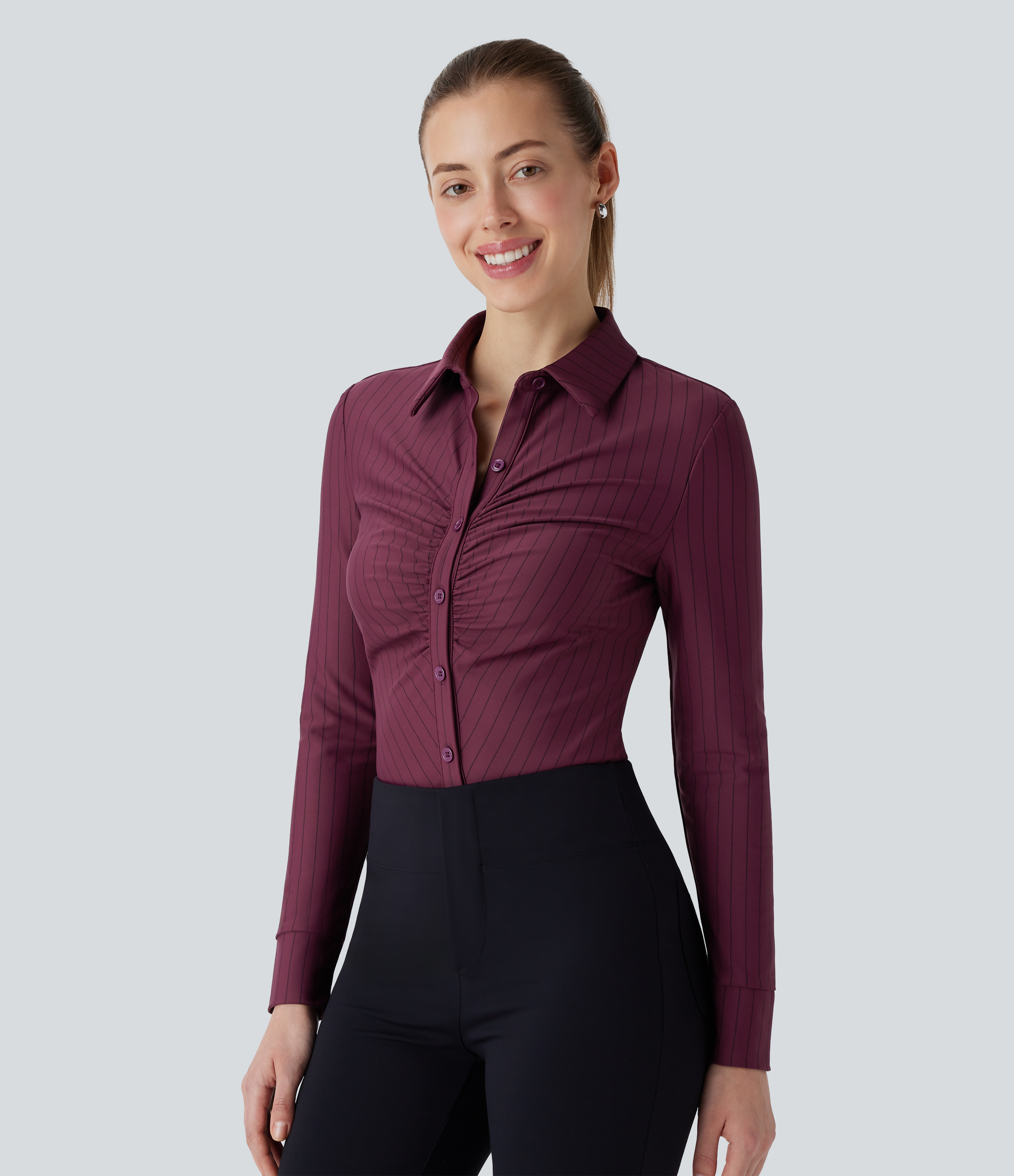 Halara Collared Button Ruched Long Sleeve Curved Hem Stripe Cool Touch Work Shirt  - Wine Red and Black Stripe - XS 