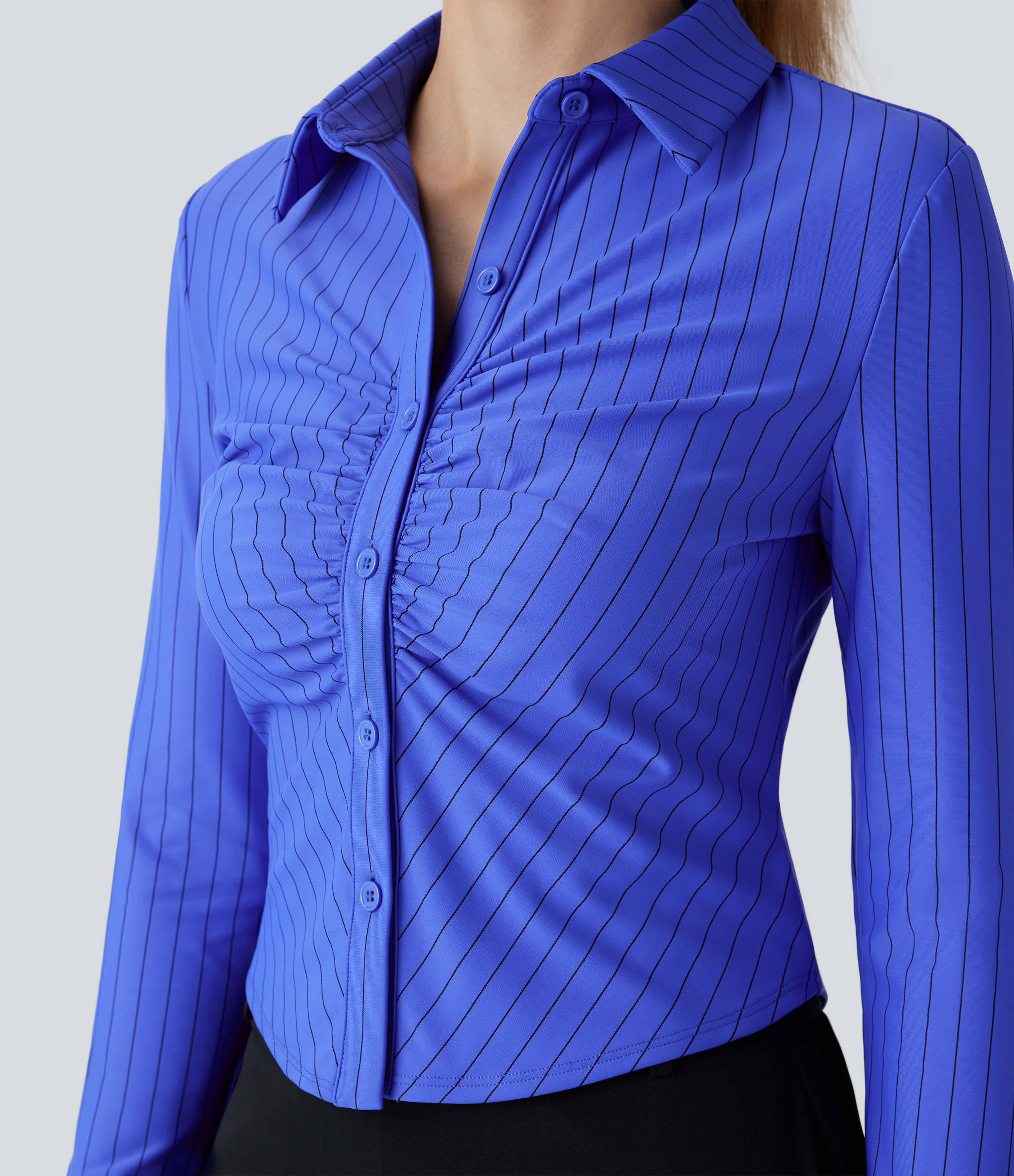Halara Collared Button Ruched Long Sleeve Curved Hem Stripe Cool Touch Work Shirt  - Blue Black Pinstripe - XL 