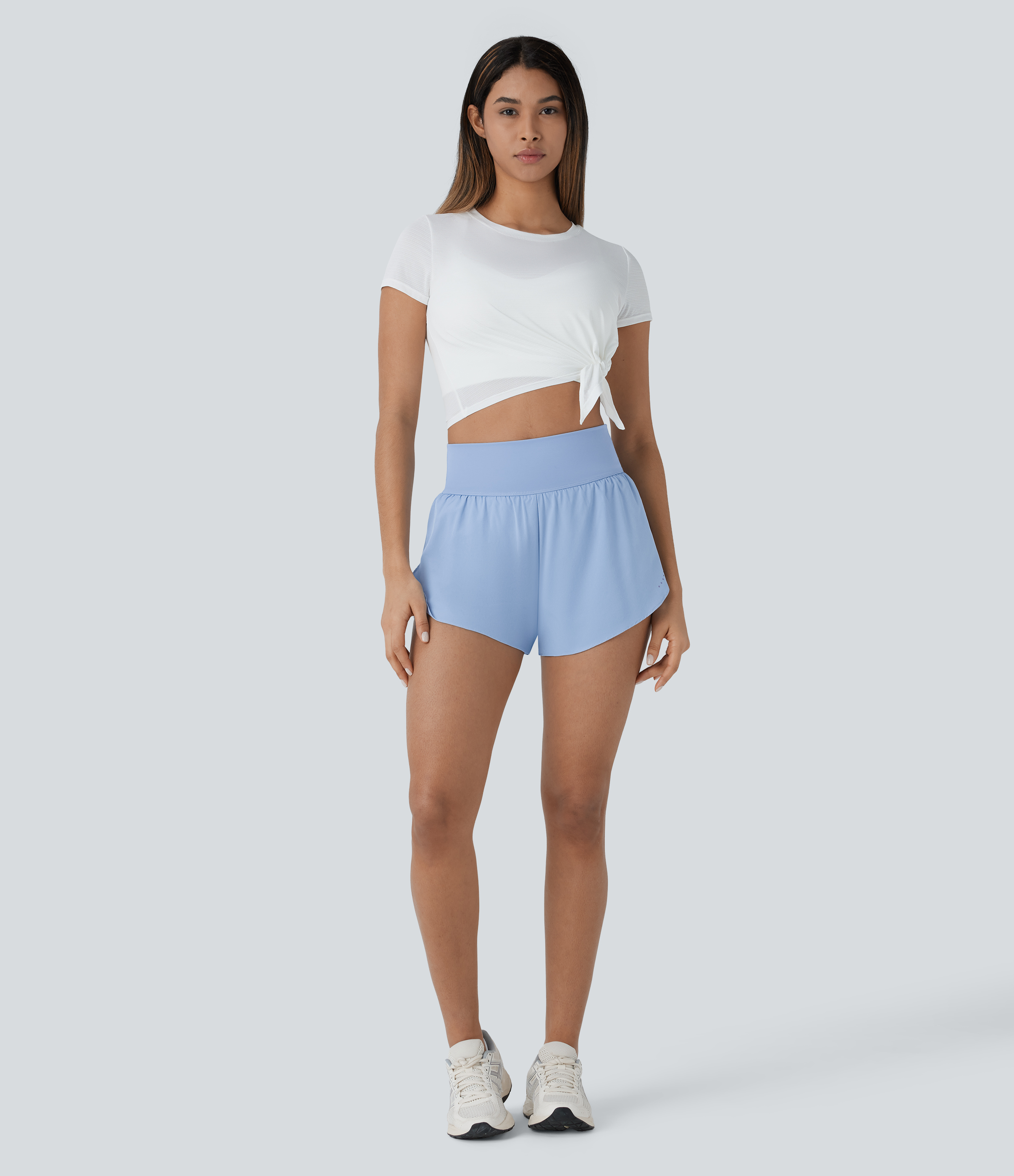 Halara Softlyzeroв„ў QuickDry High Waisted Reflective Dots Crossover Hem 2-in-1 Side Pockets Quick Dry Running Shorts Gym Short - Sky Blue - M 