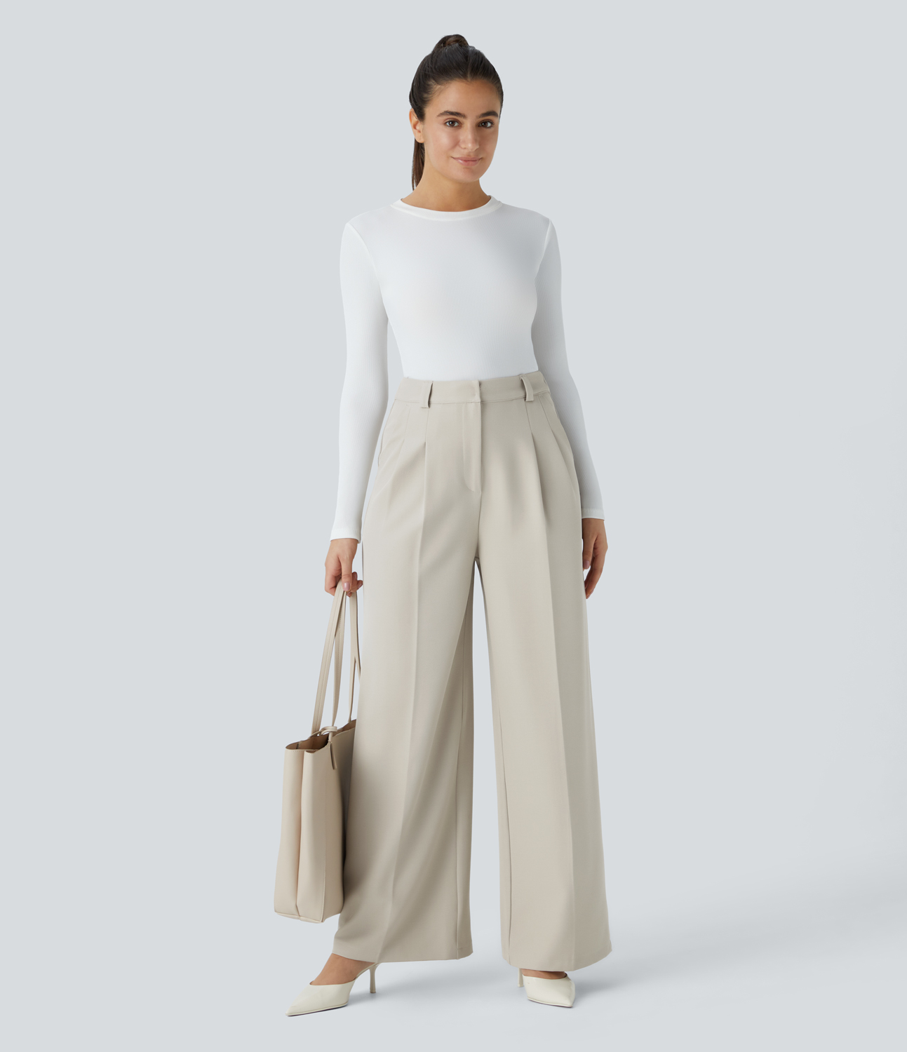 Halara High Waisted Zipper Plicated Side Pocket Wide Leg Work Pants  - Silver Birch - XL(regular) sweatpants jogger pants stacked sweatpants 