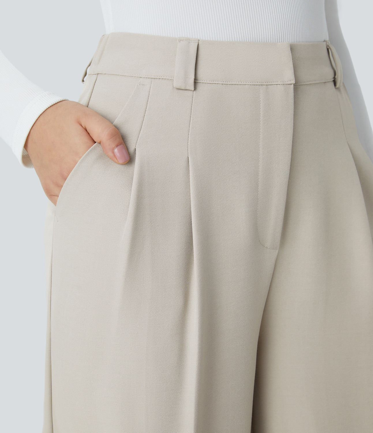 Halara High Waisted Zipper Plicated Side Pocket Wide Leg Work Pants  - Silver Birch - XL(regular) sweatpants jogger pants stacked sweatpants 