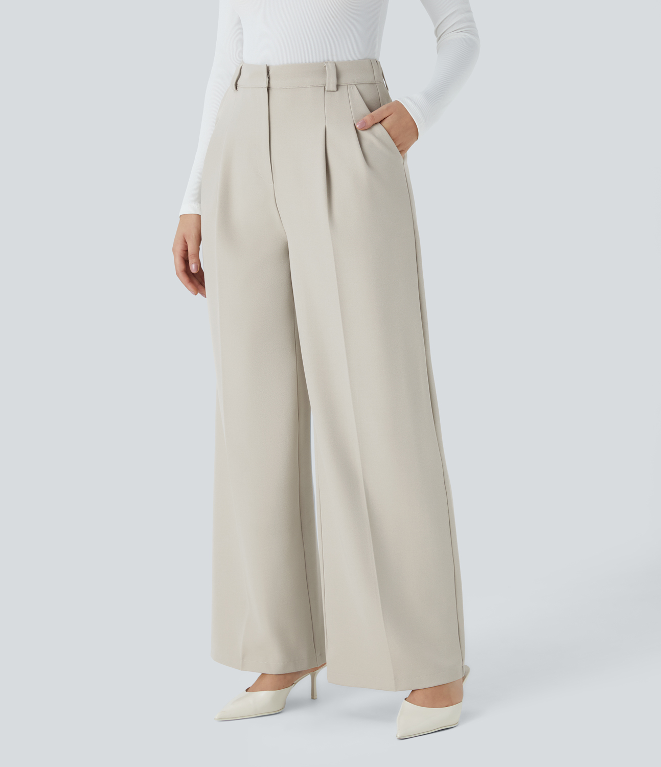 Halara High Waisted Zipper Plicated Side Pocket Wide Leg Work Pants  - Silver Birch - XL(regular) sweatpants jogger pants stacked sweatpants 