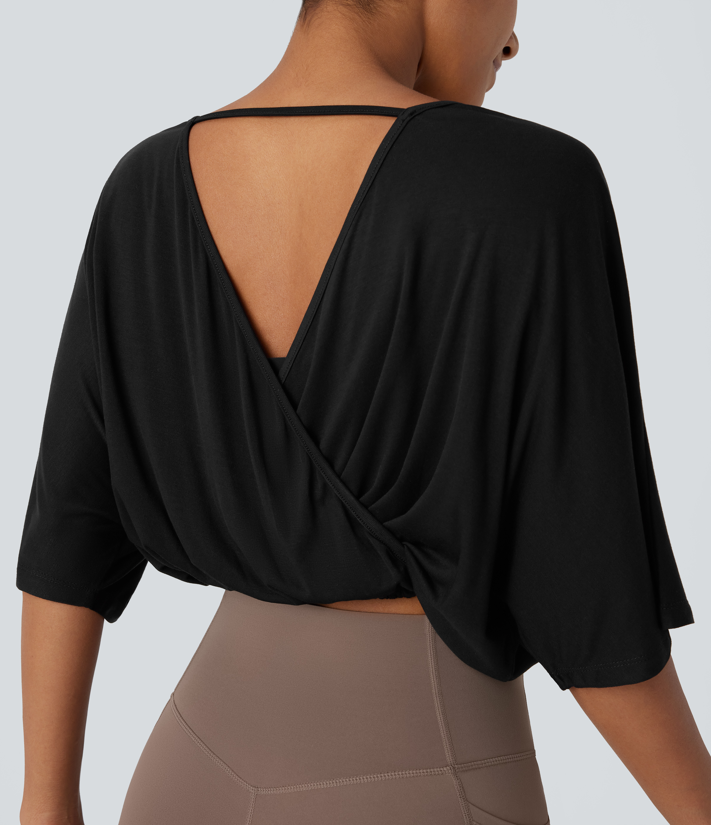 Halara Boat Neck Backless 3/4 Sleeve Cropped Casual Top Tank Top - Black - XS golf tops halter top tunic tops sleeveless tops backless top 