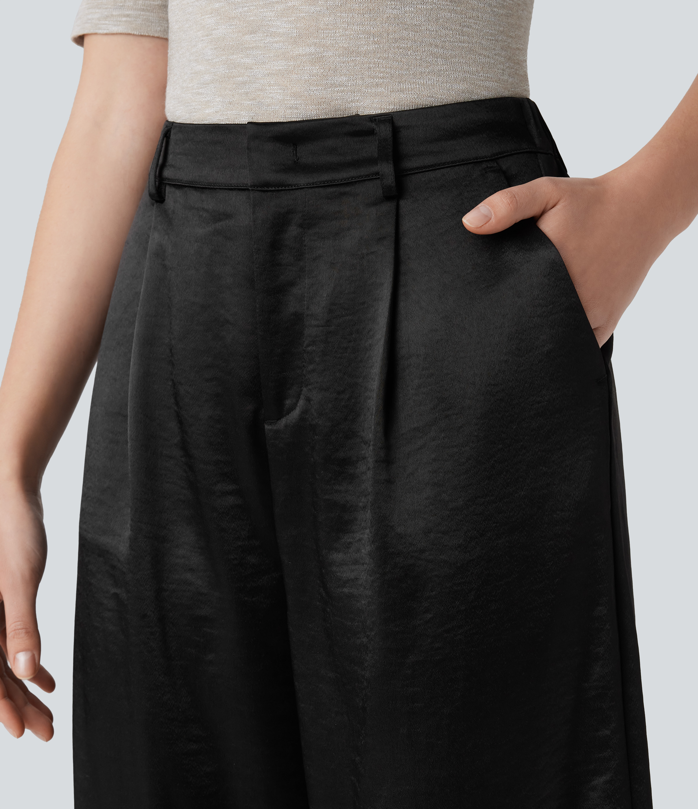 Halara High Waisted Side Pocket Satin-Like Wide Leg Work Pants  - Black - M(regular) sweatpants jogger pants stacked sweatpants cargo joggers 