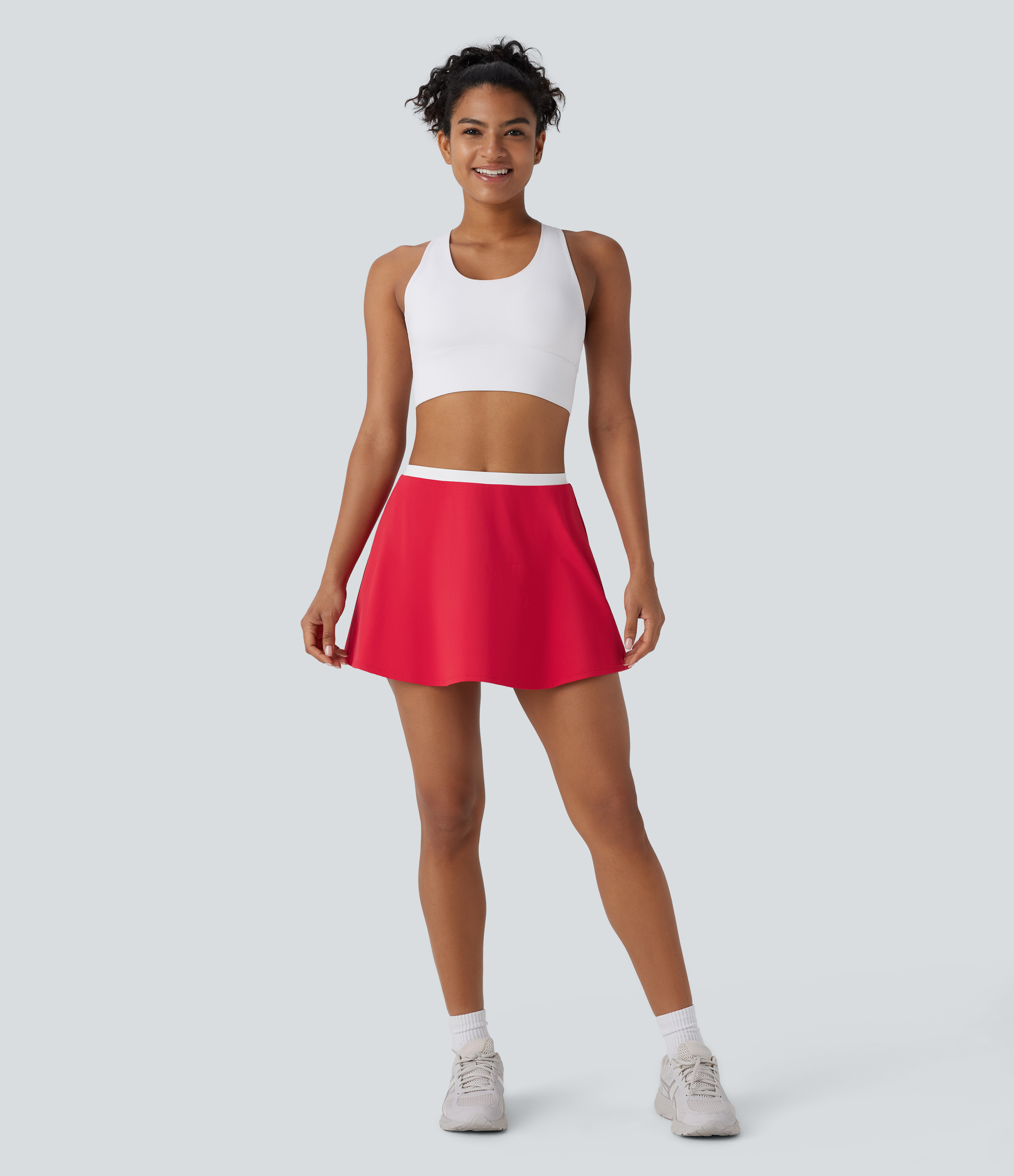 Halara Softlyzeroв„ў Airy Backless Adjustable Strap Color Block Side Pocket 2 Piece Set Cool Touch Yoga Bodysuit & Skirt Workout Dress - Salsa - XL 