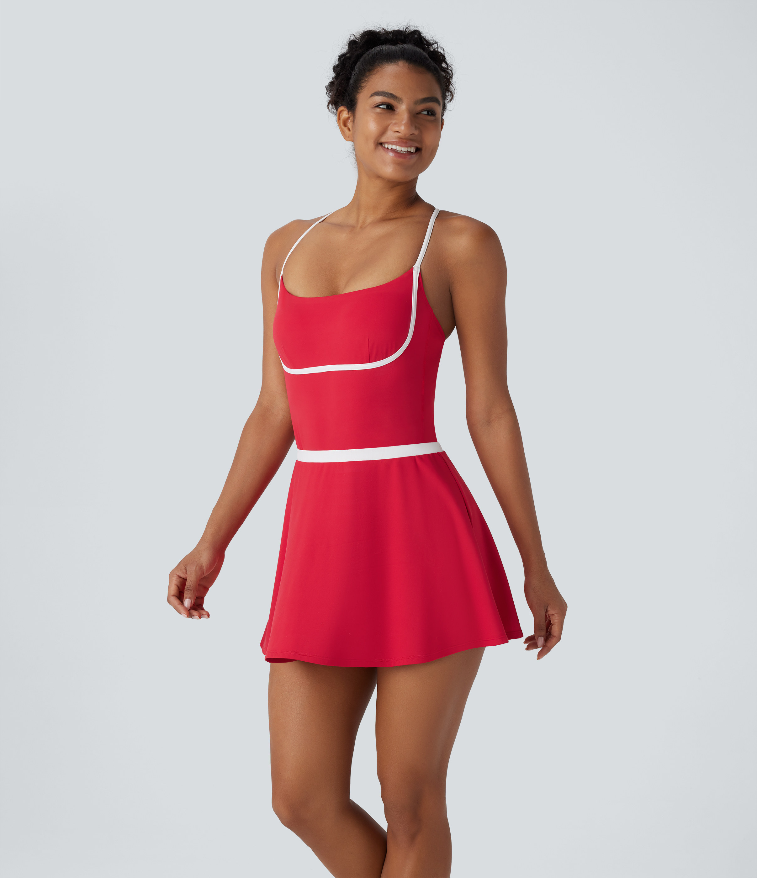 Halara Softlyzeroв„ў Airy Backless Adjustable Strap Color Block Side Pocket 2 Piece Set Cool Touch Yoga Bodysuit & Skirt Workout Dress - Salsa - XL 