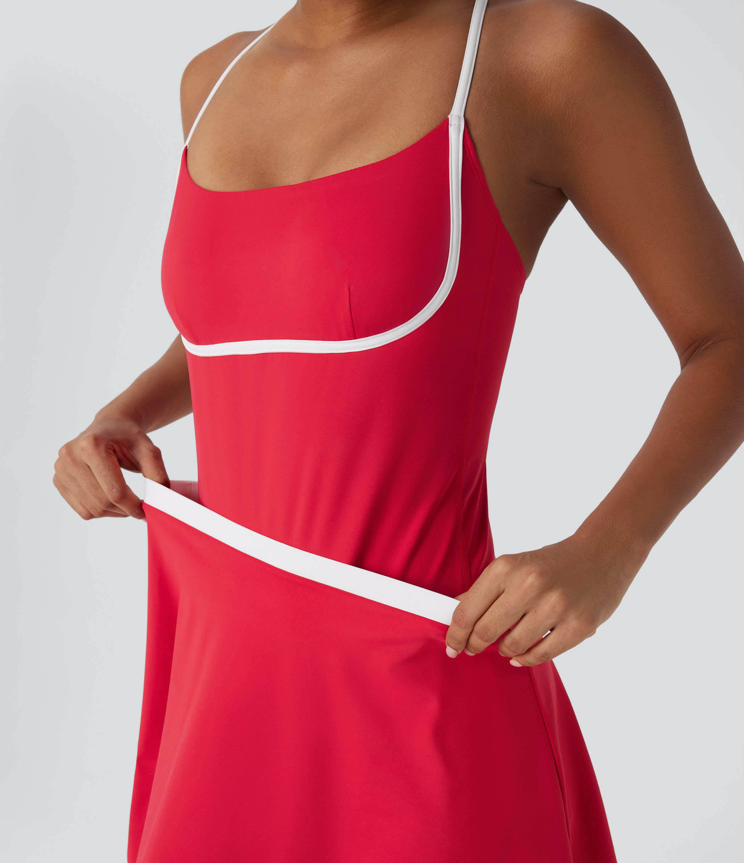 Halara Softlyzeroв„ў Airy Backless Adjustable Strap Color Block Side Pocket 2 Piece Set Cool Touch Yoga Bodysuit & Skirt Workout Dress - Salsa - XL 
