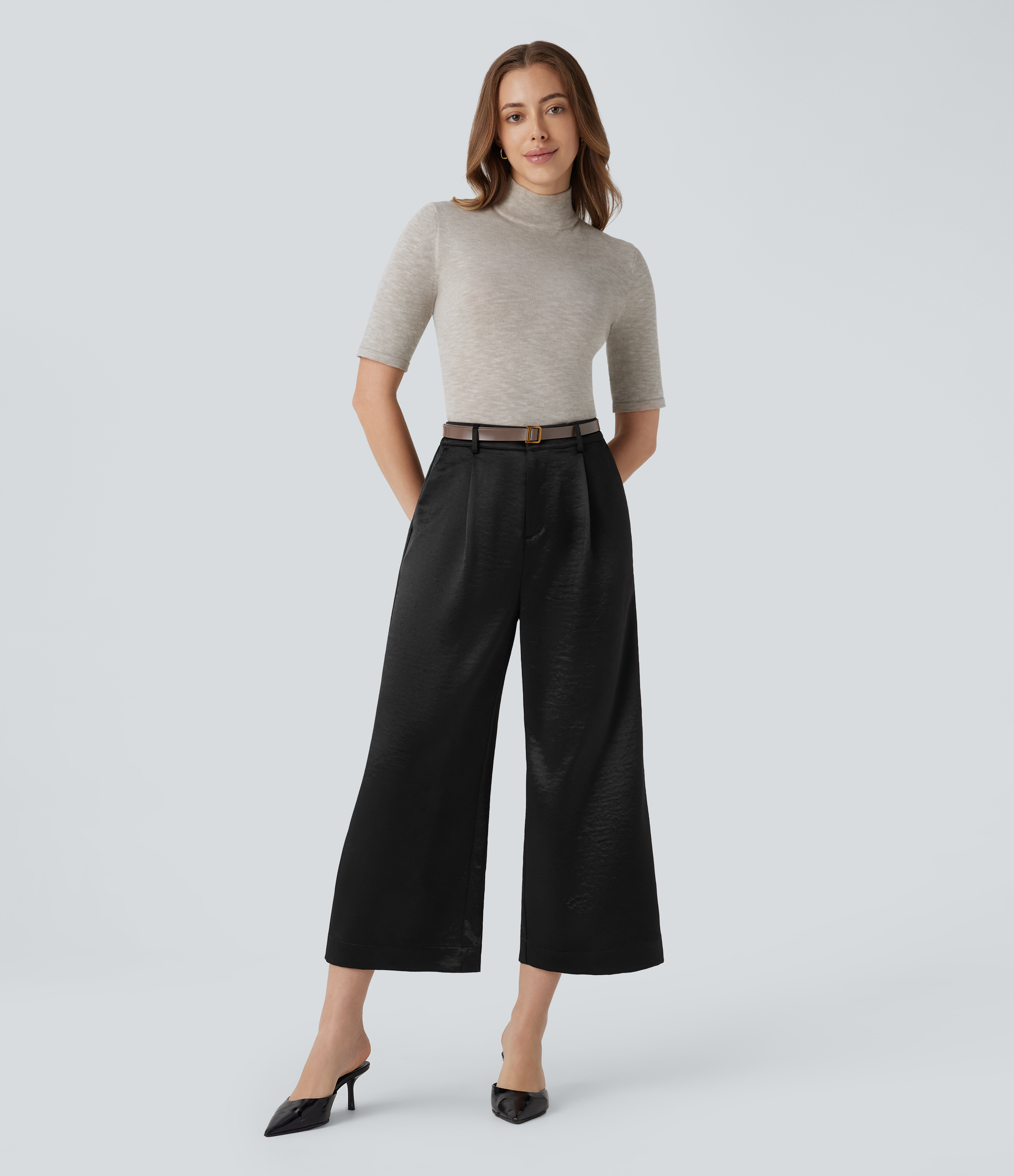 Halara High Waisted Side Pocket Satin-Like Wide Leg Work Pants  - Black - M(regular) sweatpants jogger pants stacked sweatpants cargo joggers 