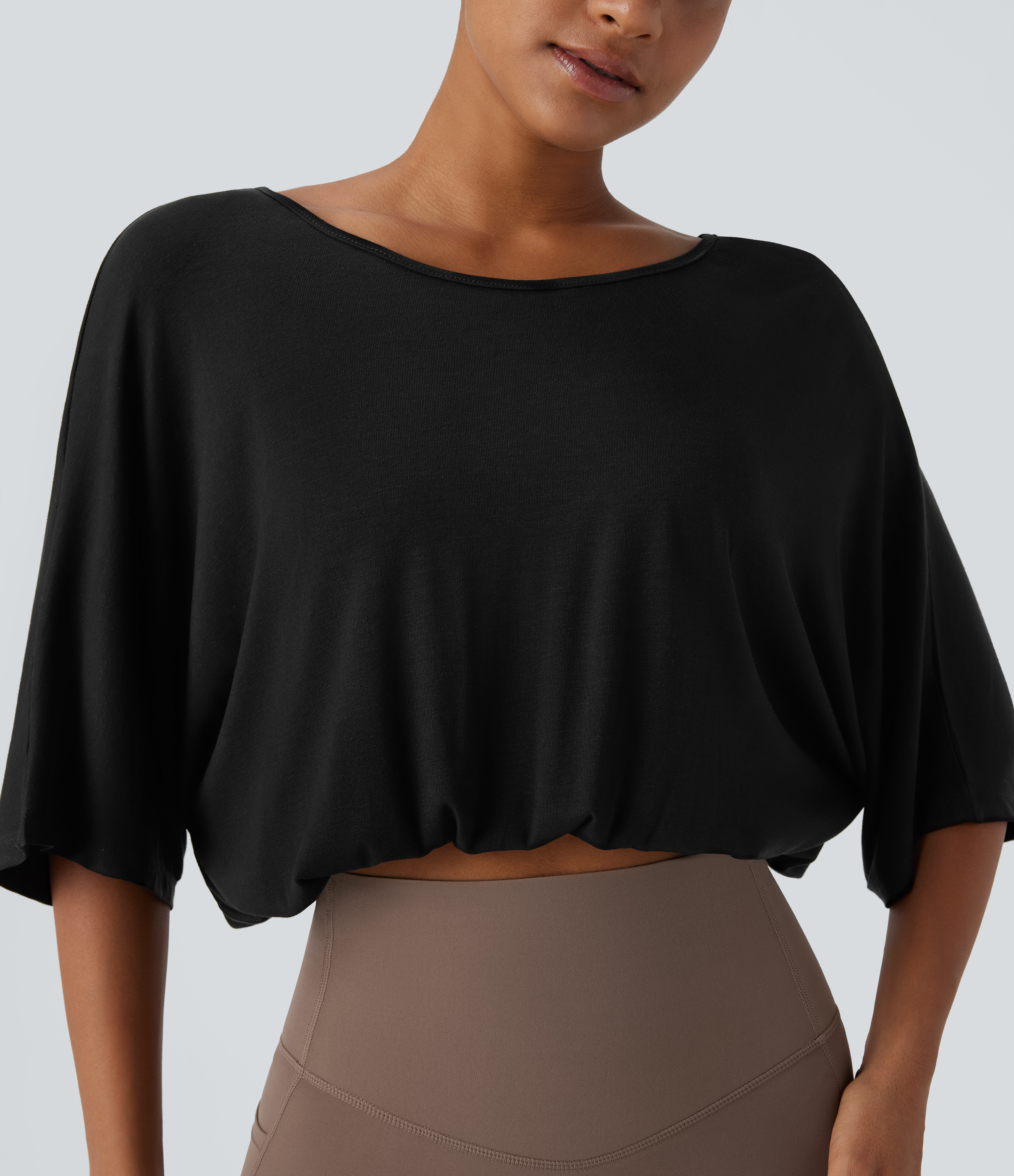 Halara Boat Neck Backless 3/4 Sleeve Cropped Casual Top Tank Top - Black - XS golf tops halter top tunic tops sleeveless tops backless top 