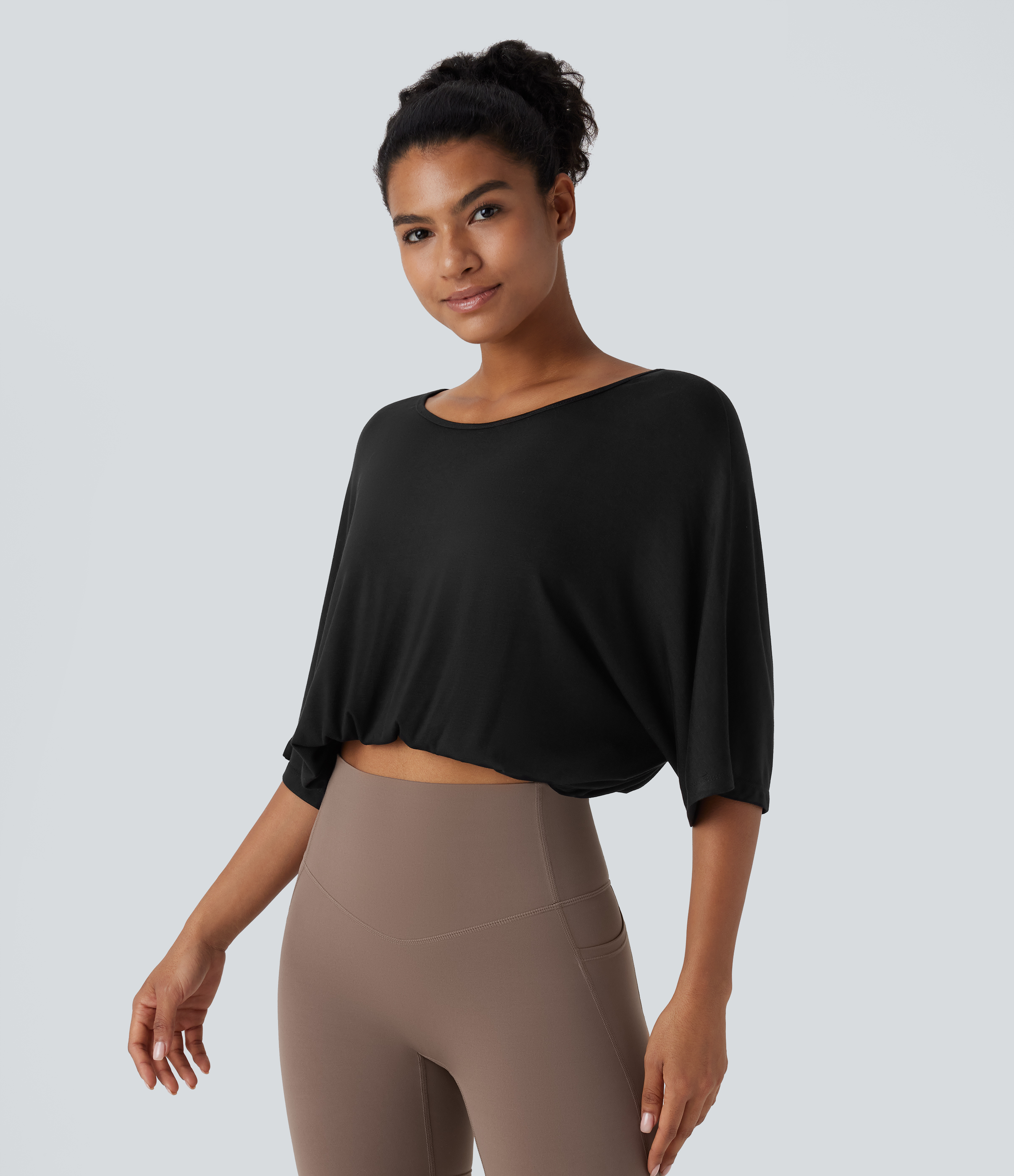 Halara Boat Neck Backless 3/4 Sleeve Cropped Casual Top Tank Top - Black - XS golf tops halter top tunic tops sleeveless tops backless top 