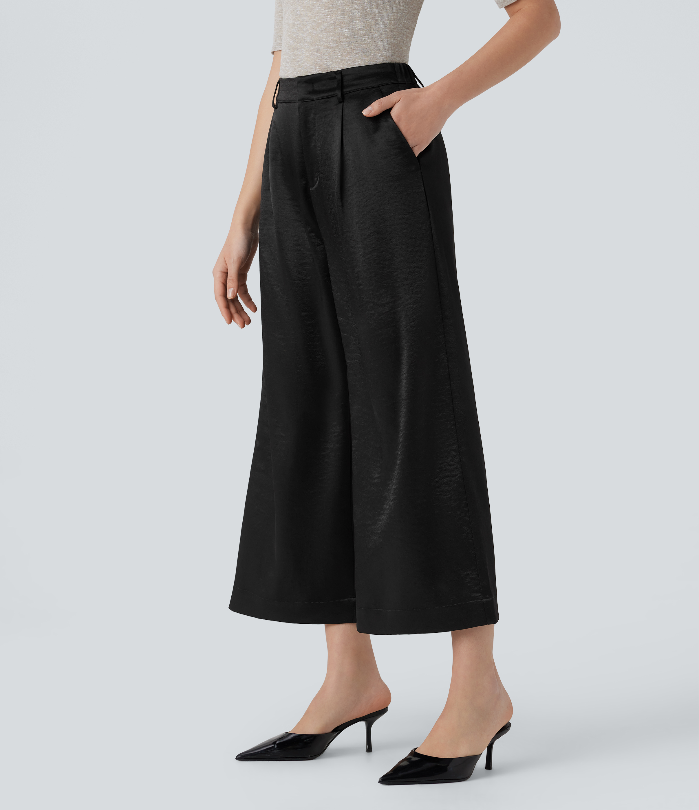 Halara High Waisted Side Pocket Satin-Like Wide Leg Work Pants  - Black - M(regular) sweatpants jogger pants stacked sweatpants cargo joggers 