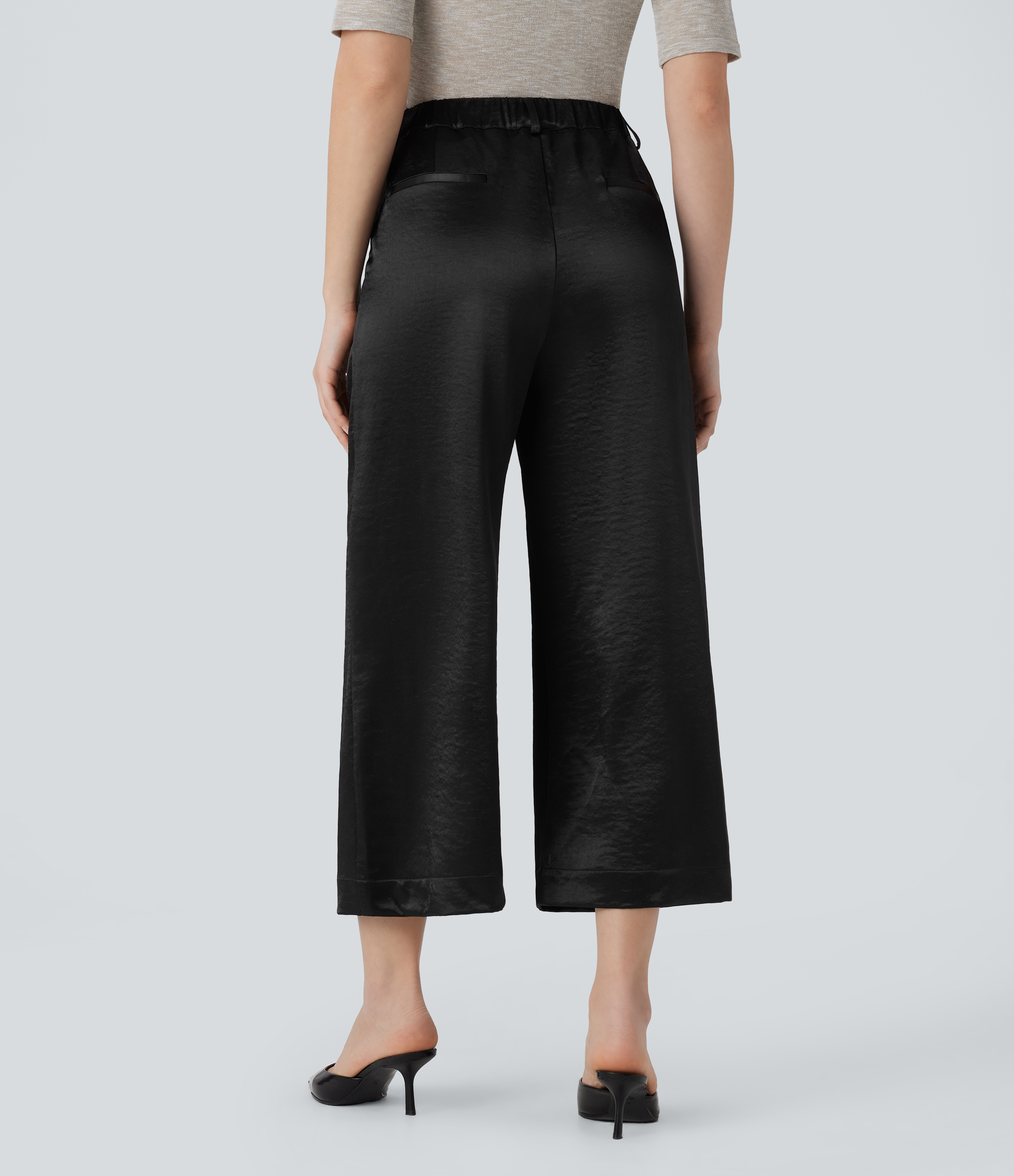 Halara High Waisted Side Pocket Satin-Like Wide Leg Work Pants  - Black - M(regular) sweatpants jogger pants stacked sweatpants cargo joggers 