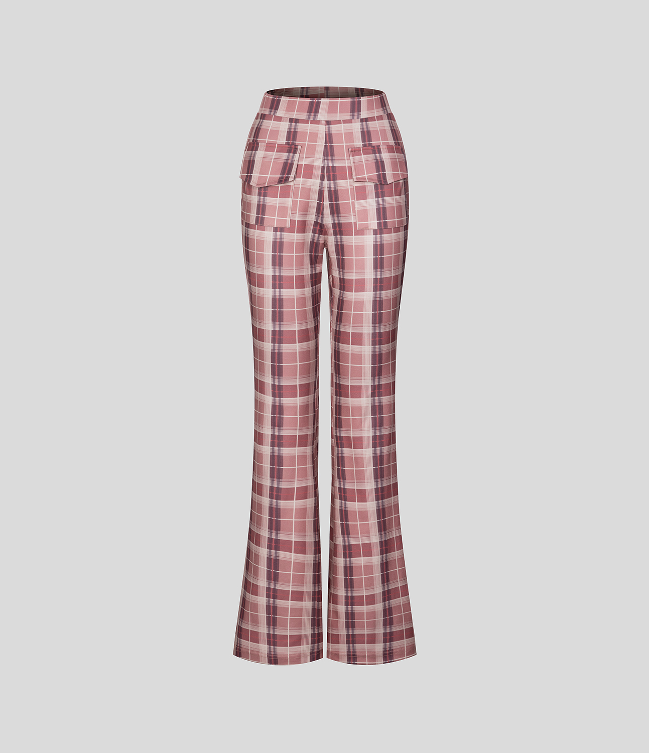 Halara High Waisted Pocket Plaid Flare Casual Pants  - Rose Pink Plaid - M 