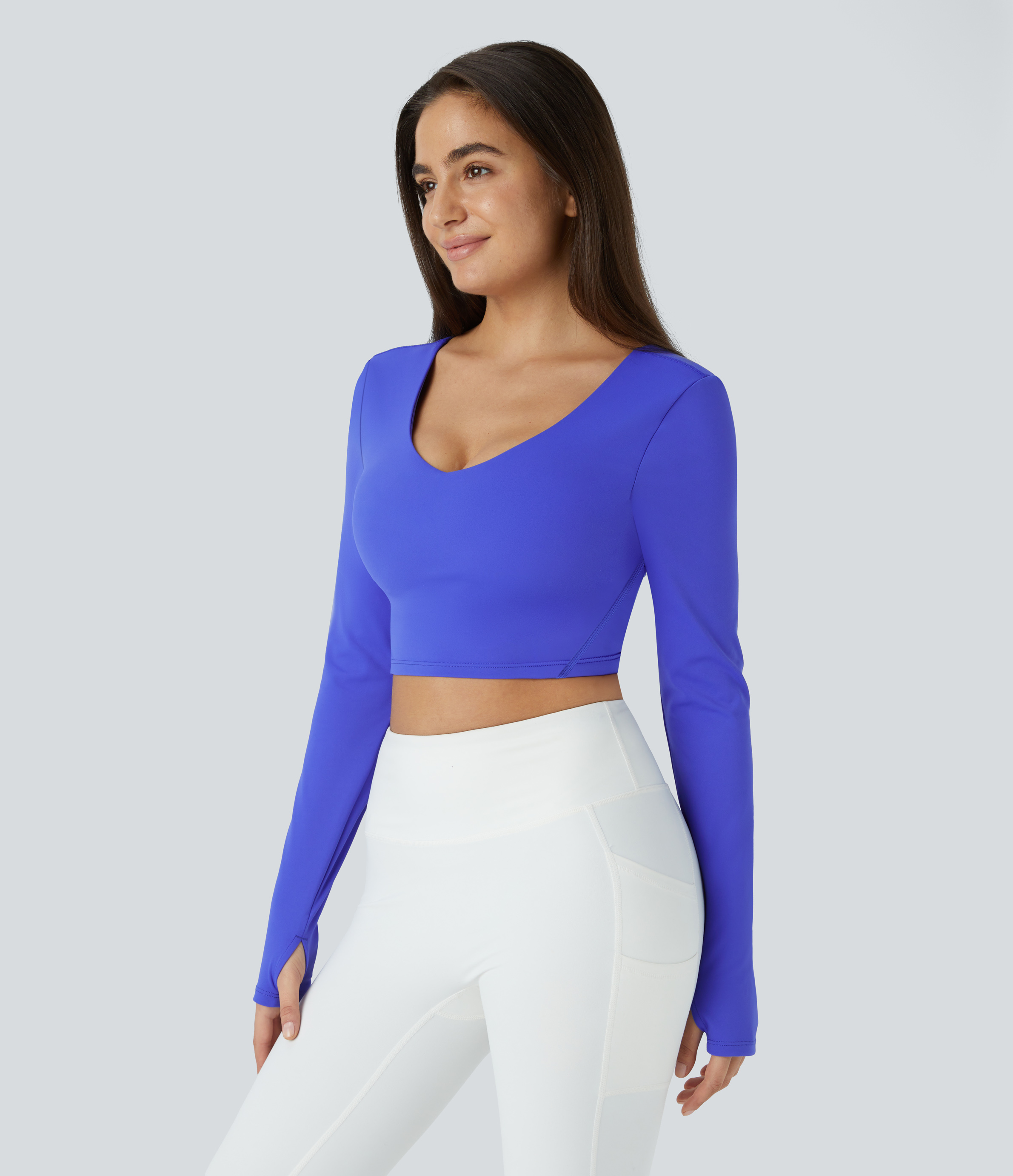 Halara Padded V Neck Backless Thumb Hole Cropped Yoga Sports Top  - Dazzling Blue - S 
