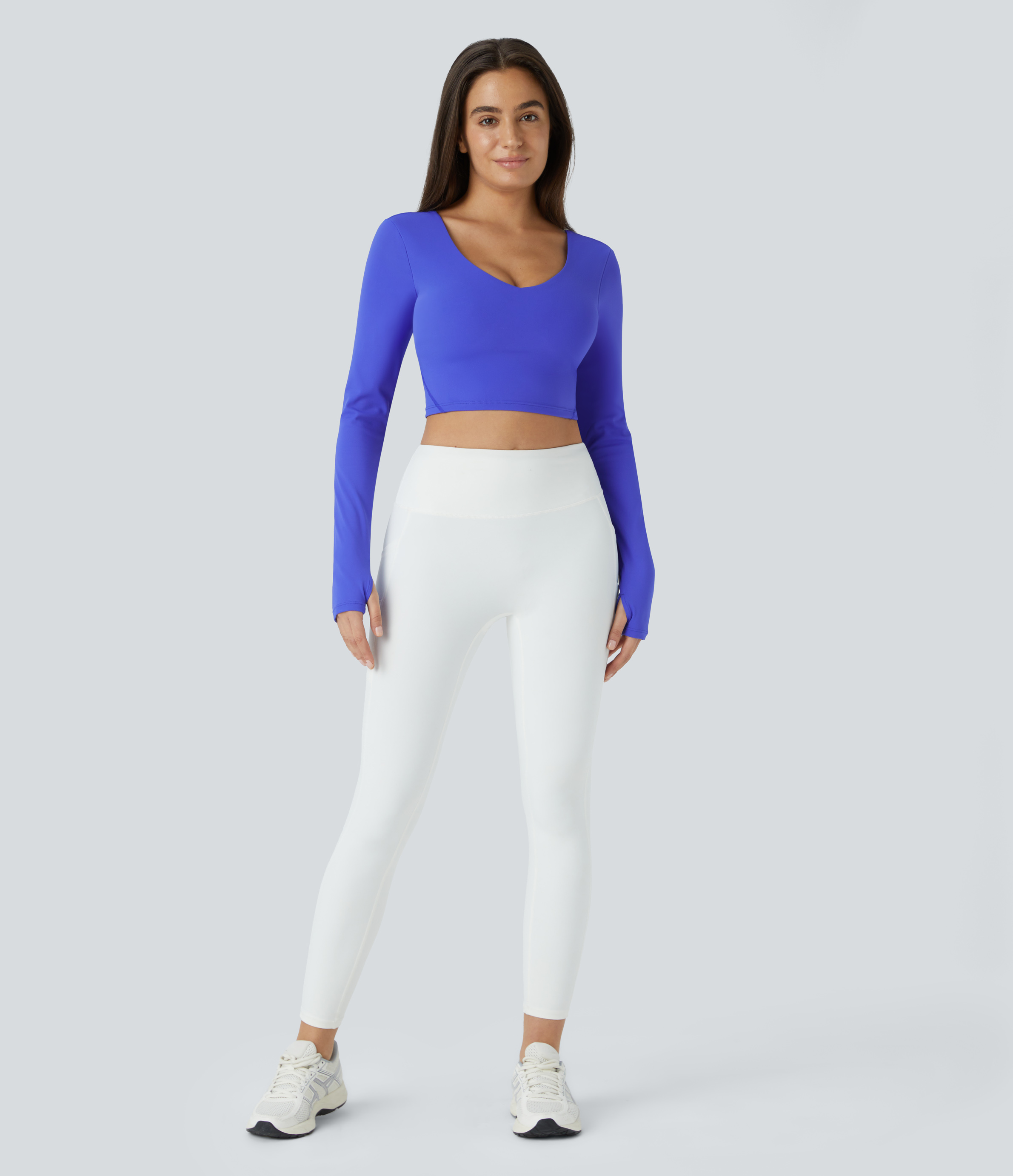 Halara Padded V Neck Backless Thumb Hole Cropped Yoga Sports Top  - Dazzling Blue - S 
