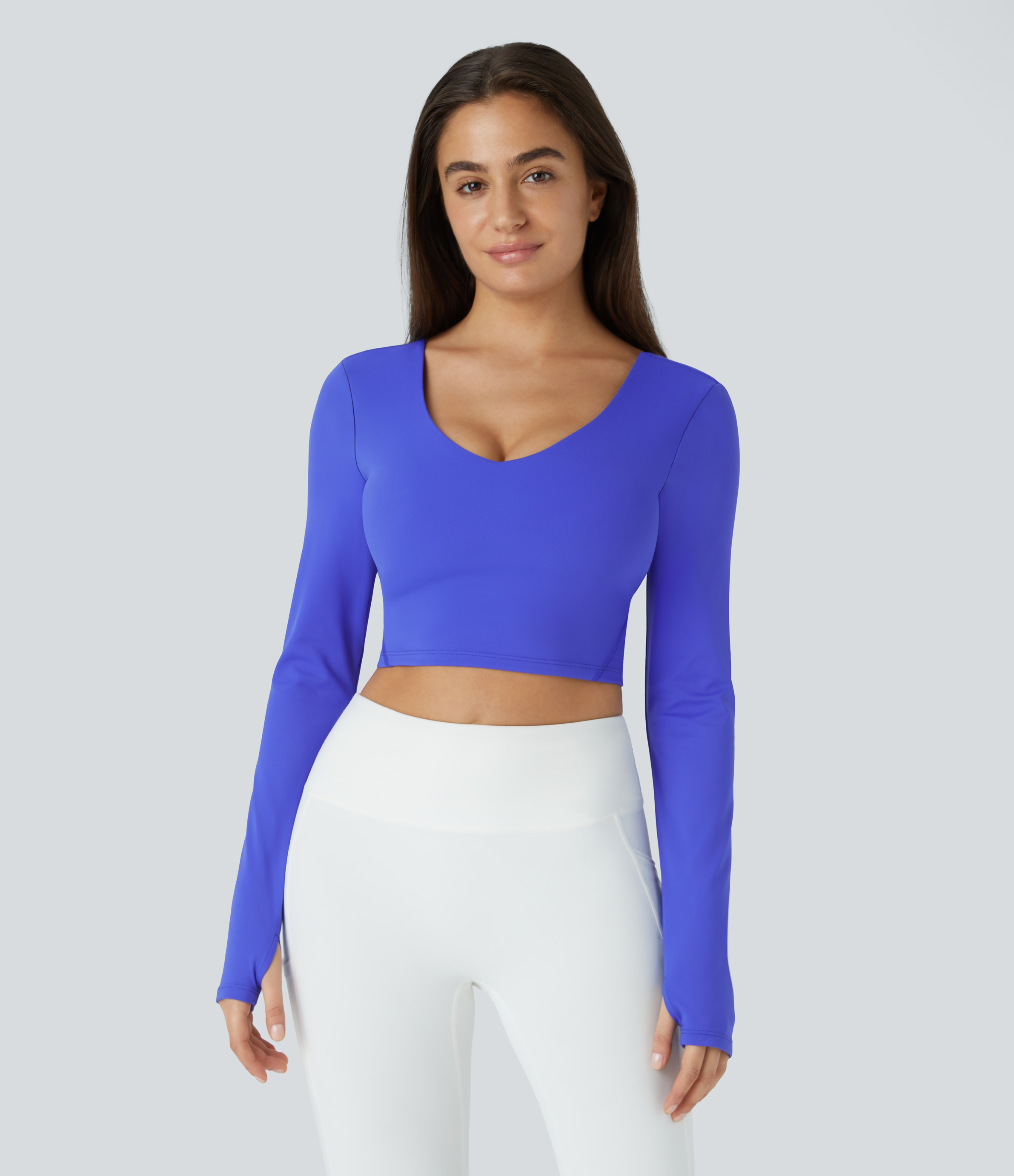 Halara Padded V Neck Backless Thumb Hole Cropped Yoga Sports Top  - Dazzling Blue - S 