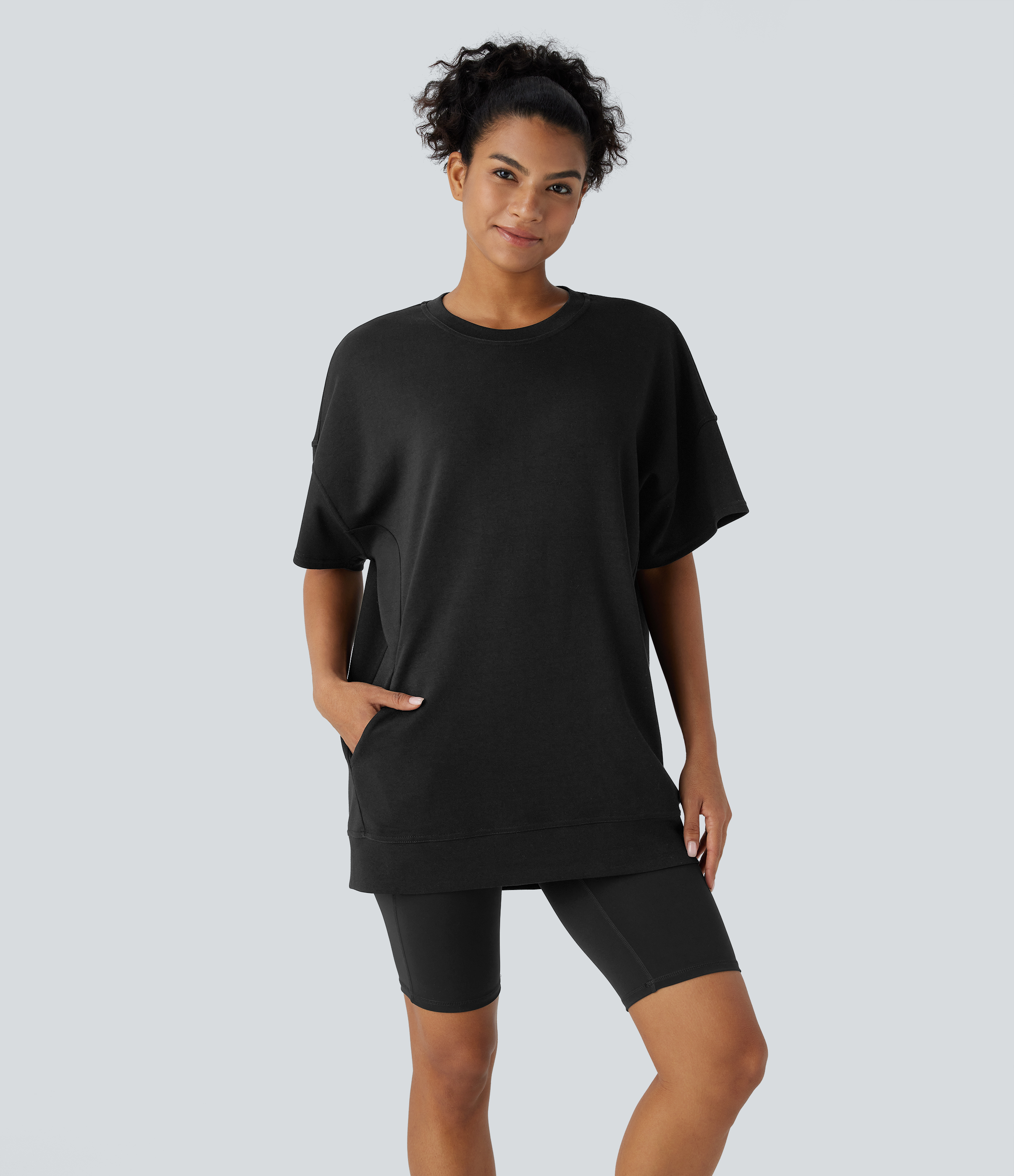 Halara Round Neck Short Sleeve Side Pocket Oversize Casual Sports Top  - Black - S 