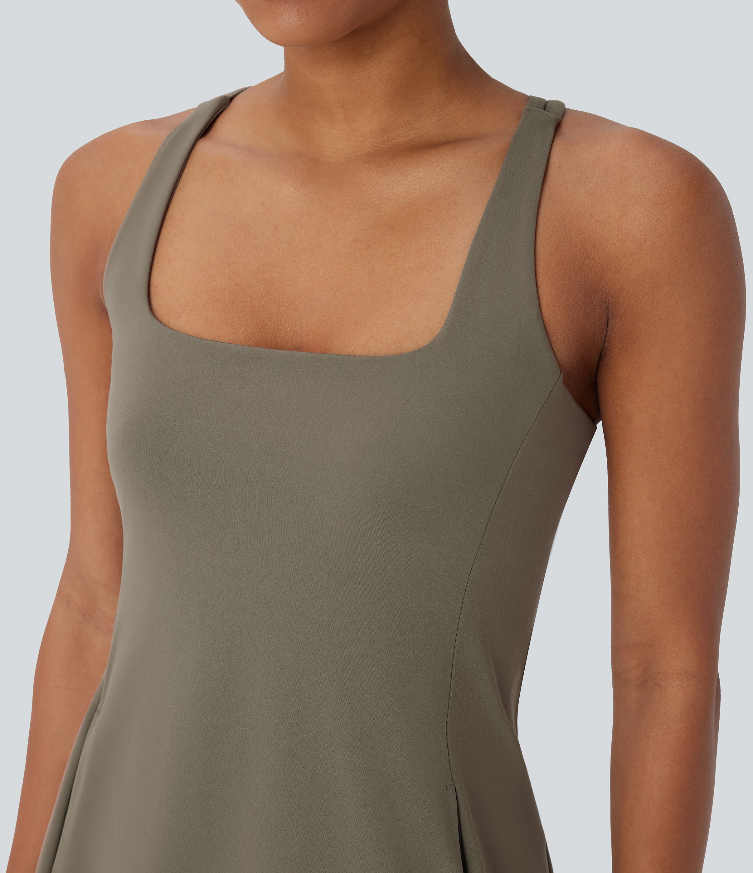 Halara Softlyzeroв„ў Plush Backless Crisscross Cut Out Side Pocket 2-Piece Mini Yoga Active Dress Workout Dress - Grass Grey Green - XL 