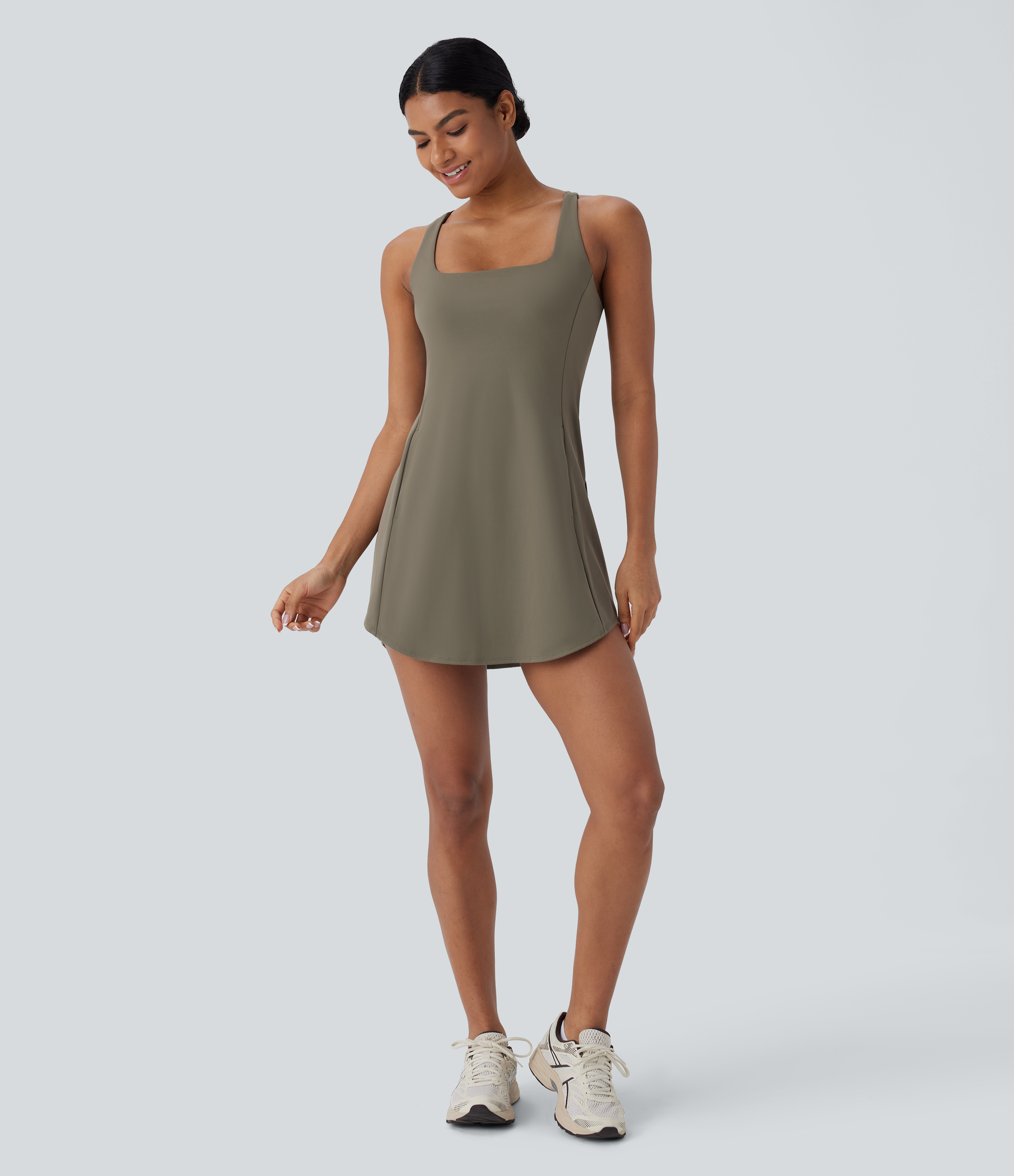 Halara Softlyzeroв„ў Plush Backless Crisscross Cut Out Side Pocket 2-Piece Mini Yoga Active Dress Workout Dress - Grass Grey Green - XL 