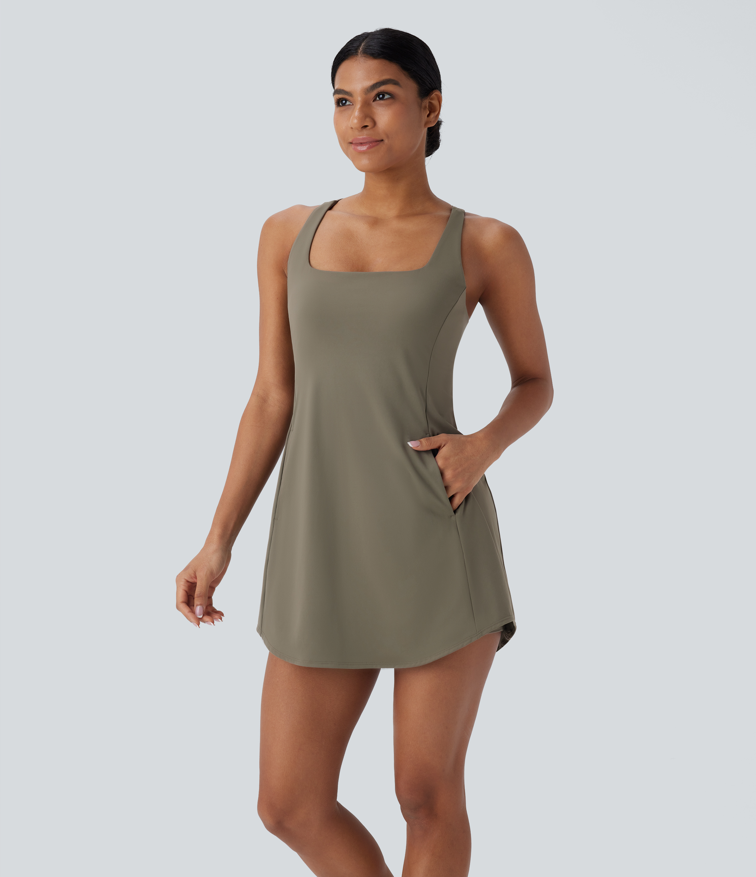 Halara Softlyzeroв„ў Plush Backless Crisscross Cut Out Side Pocket 2-Piece Mini Yoga Active Dress Workout Dress - Grass Grey Green - XL 