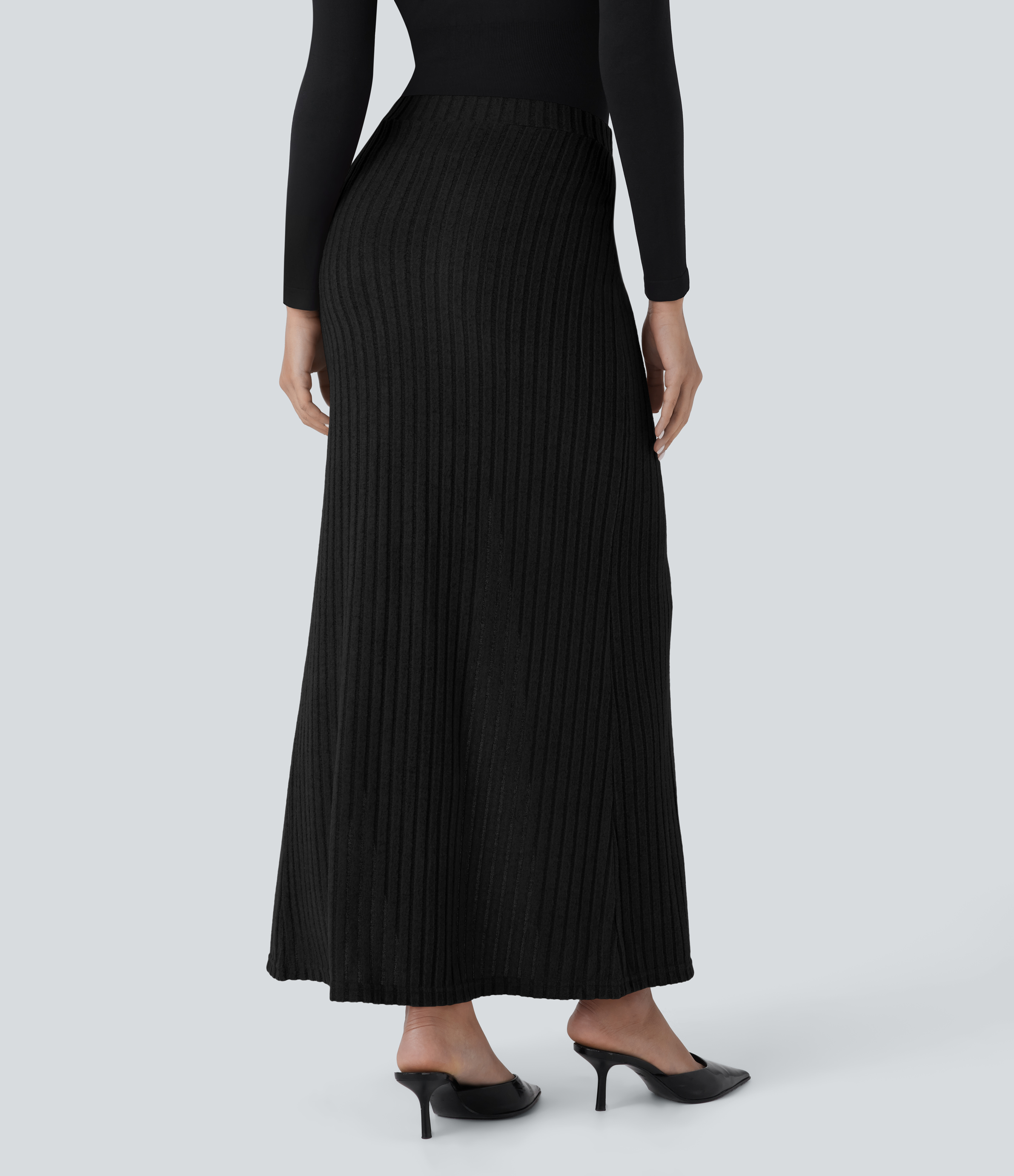 Halara Ribbed Knit Mid Rise Split Maxi Casual Skirt  - Black - L(regular) 