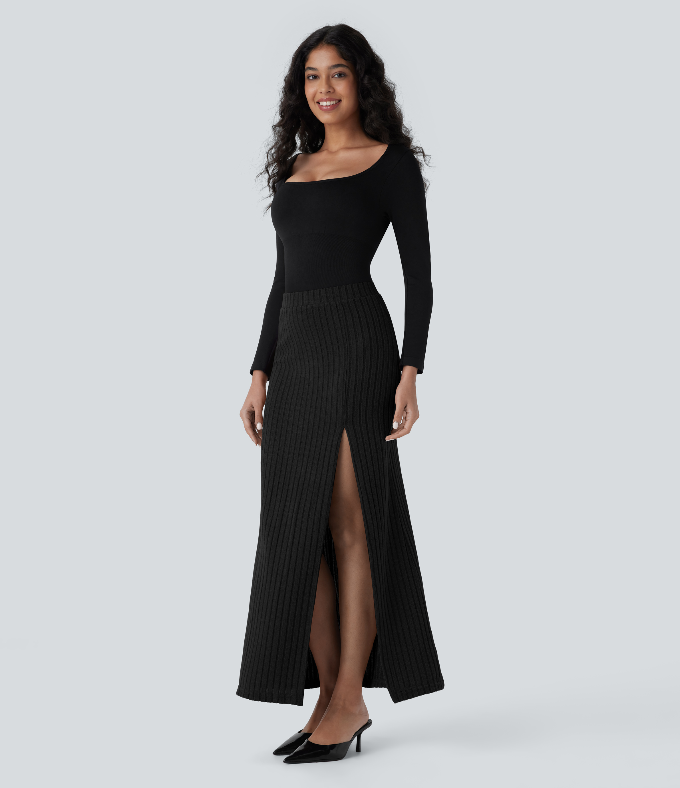 Halara Ribbed Knit Mid Rise Split Maxi Casual Skirt  - Black - L(regular) 