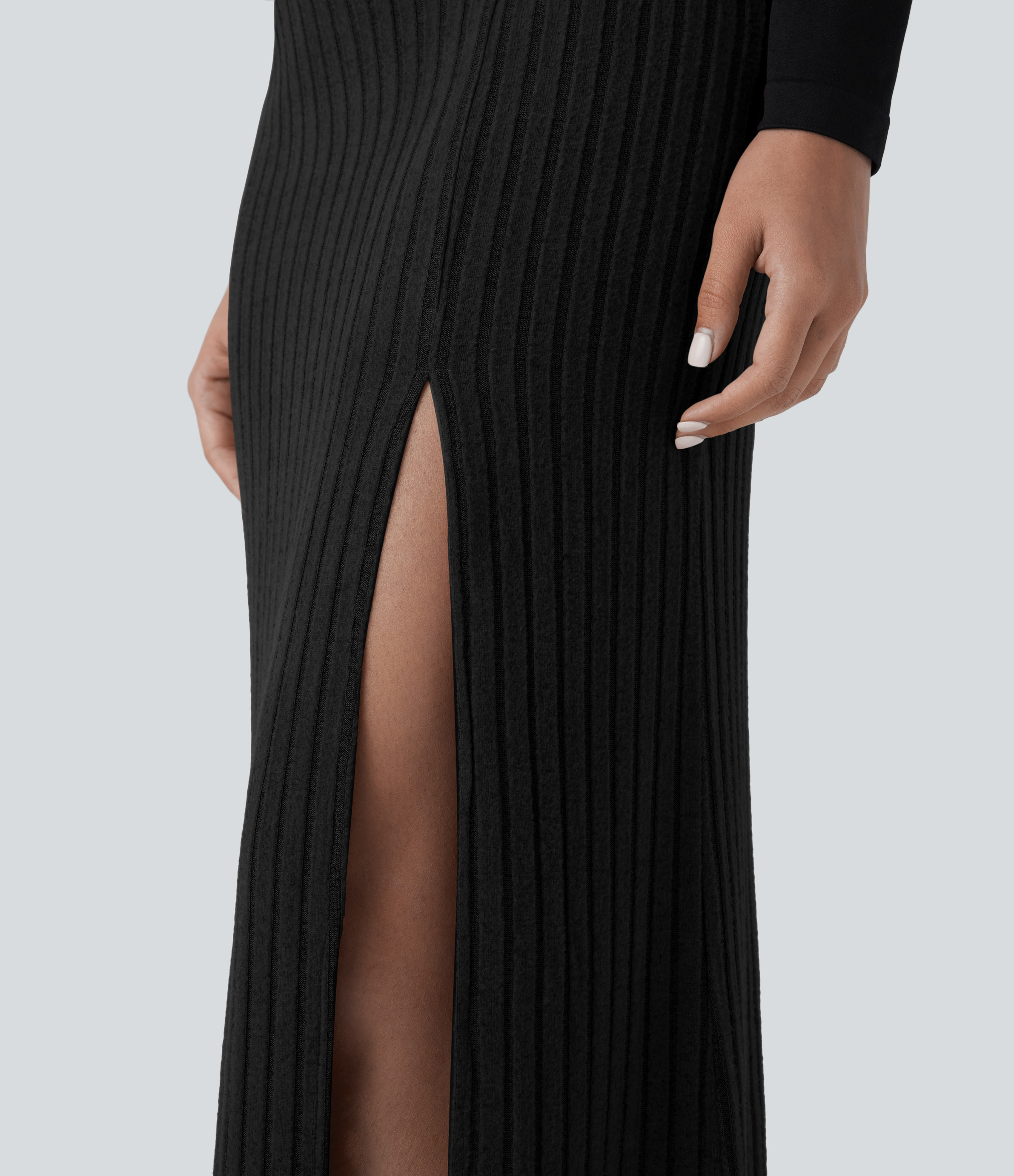 Halara Ribbed Knit Mid Rise Split Maxi Casual Skirt  - Black - L(regular) 