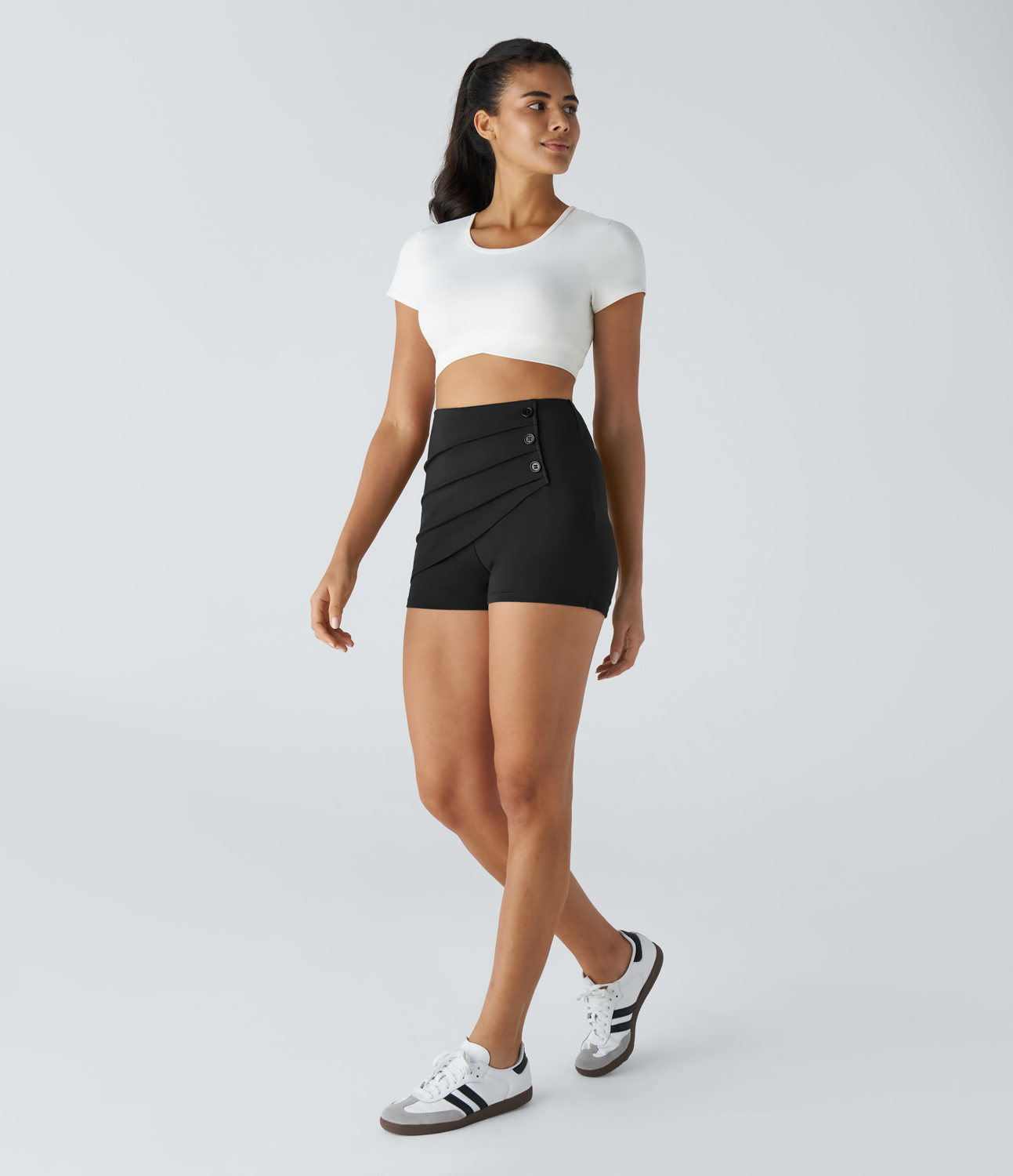 Halara High Waisted Decorative Button Ruched Casual Shorts  - Black - M 