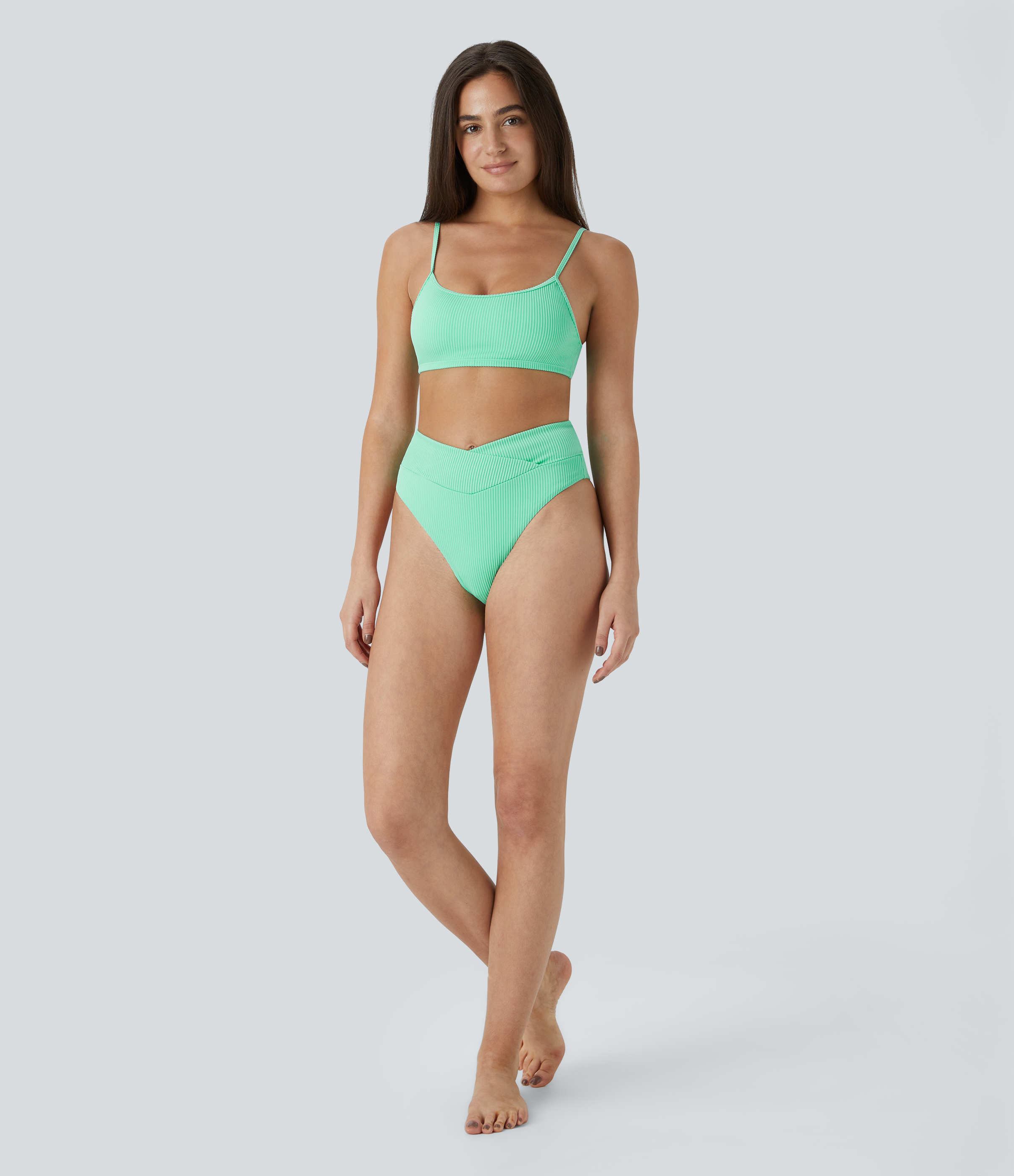 Halara Ribbed Adjustable Strap Backless Bikini Top Swimsuit  - Sunshine Green - M 