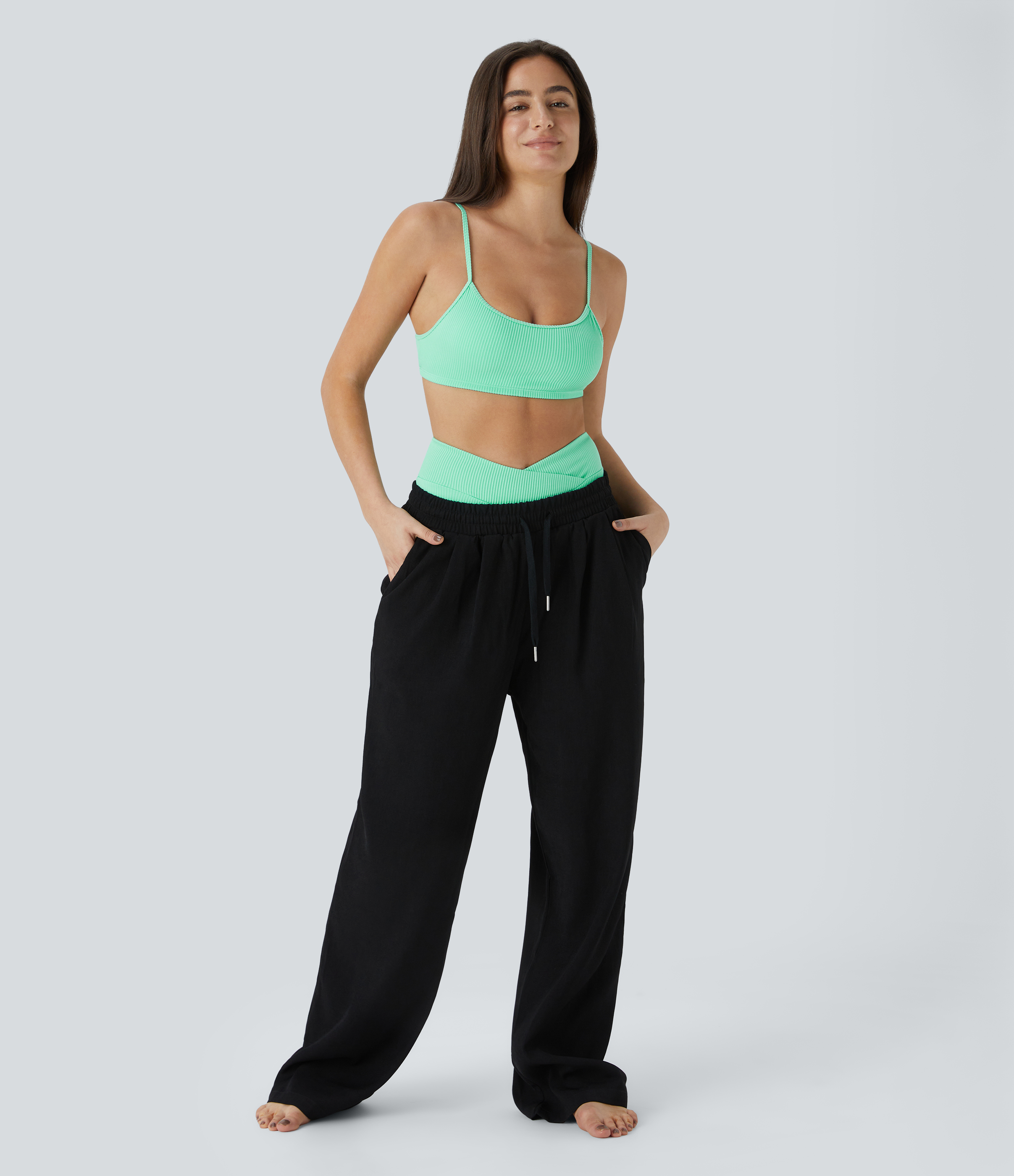 Halara Ribbed Adjustable Strap Backless Bikini Top Swimsuit  - Sunshine Green - M 