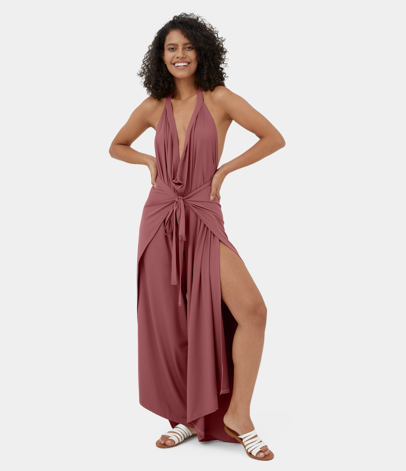 

Halara High Waisted Tie Front Split Hem Palazzo Wide Leg Flowy Casual Pants - Light Rose Red