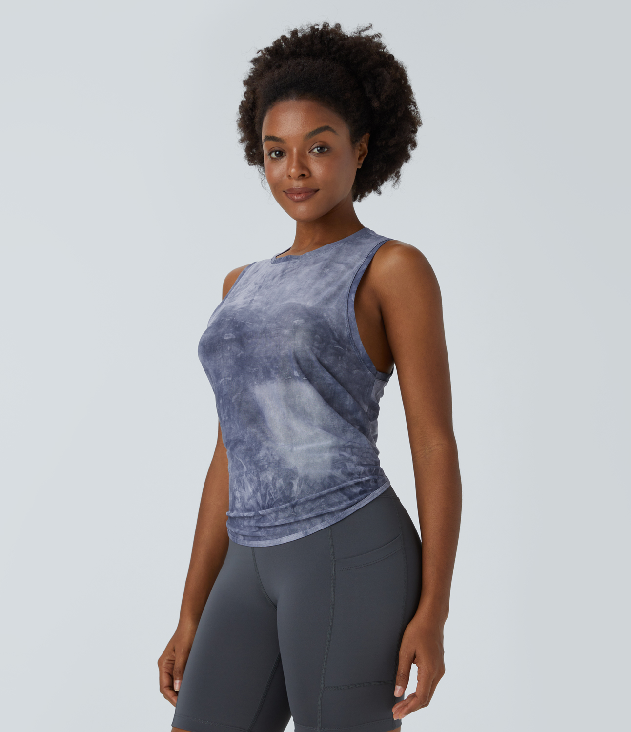 Halara Sheer Sleeveless Split Tie Back Top-No Sports Bra Tank Top - Slate Blue - XL golf tops halter top tunic tops sleeveless tops 