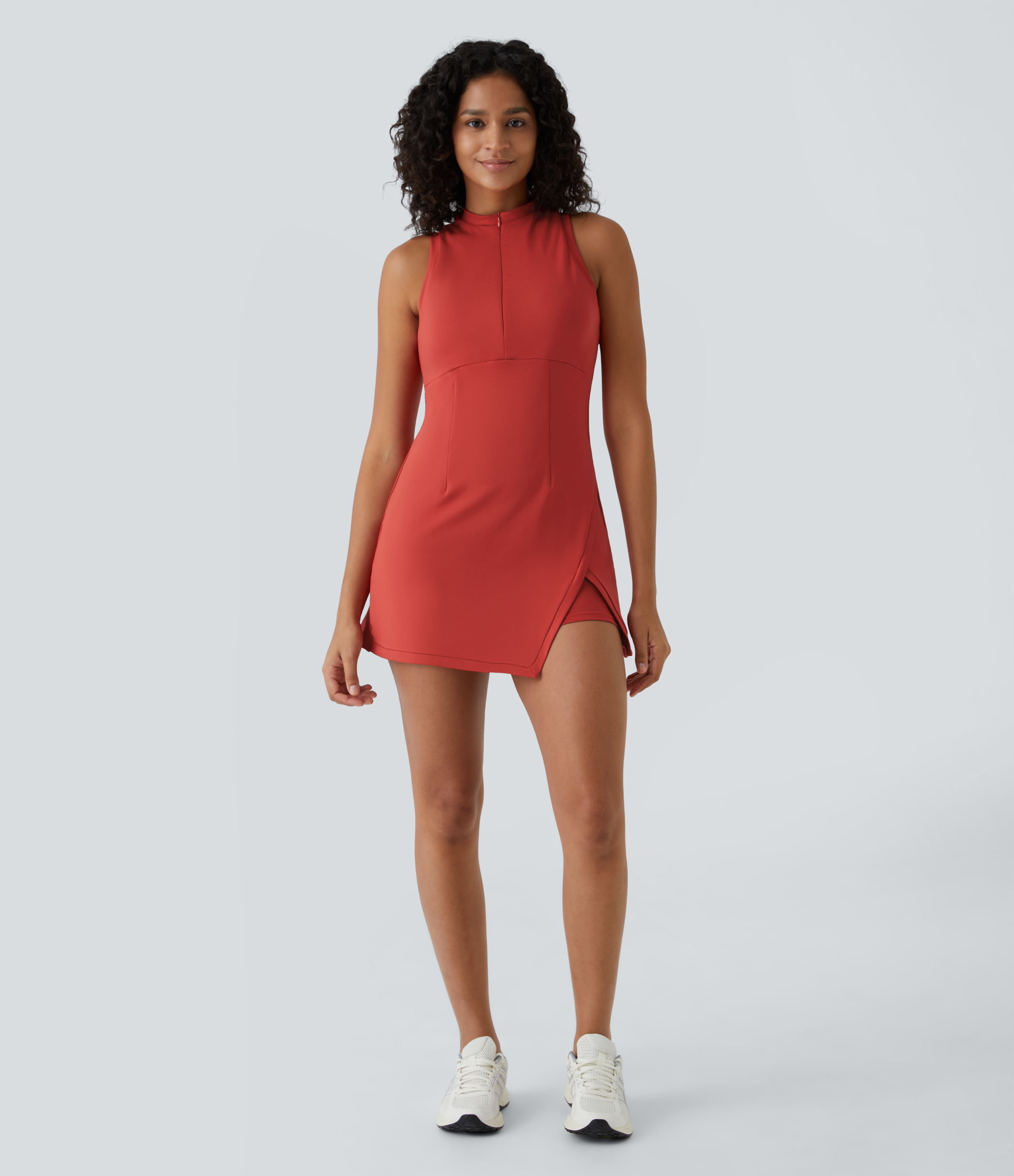 Halara Zipper Racerback Split Side Pocket 2-Piece Mini Tennis Active Dress Workout Dress - Valiant Poppy - S 
