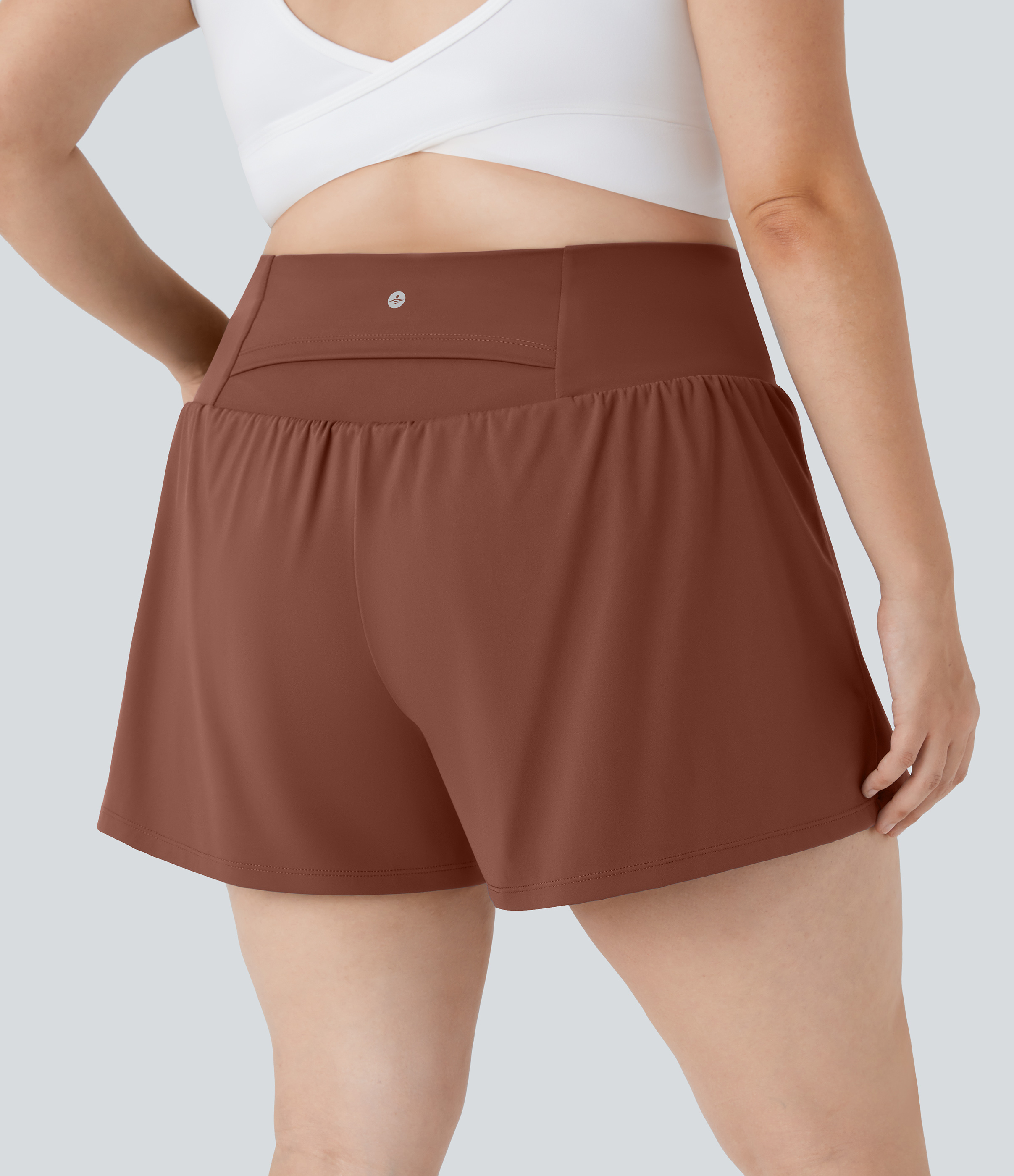 Halara Super High Waisted Back Pocket & Side Hidden Pocket 2-in-1 Yoga Plus Size Shorts 4``-Longer Length  - Sequoia - 1X(Long) 