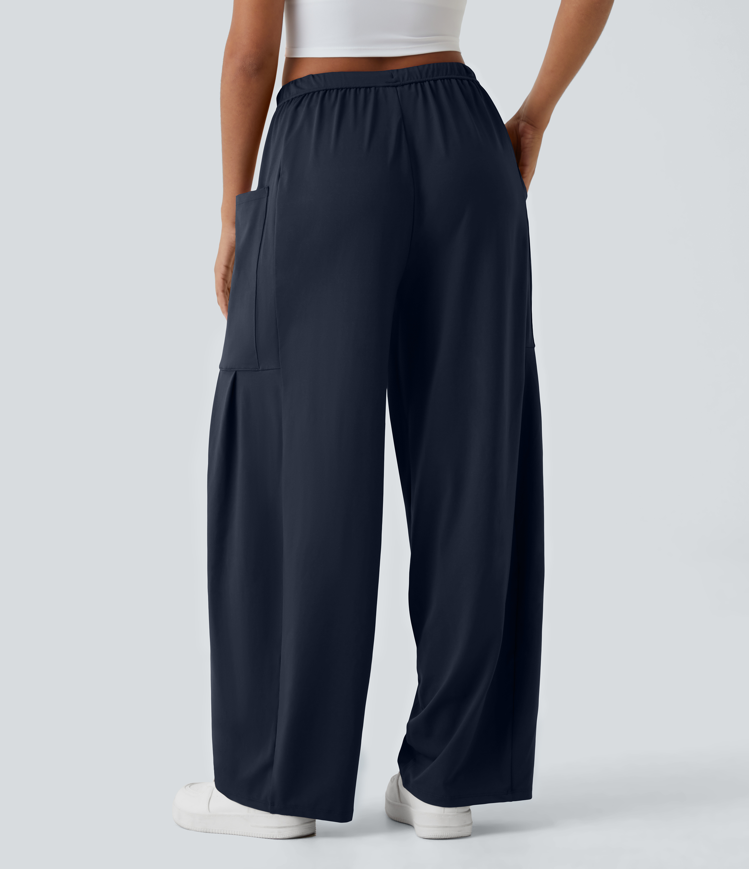 Halara Mid Rise Elastic Waistband Drawstring Side Pocket Palazzo Flowy Wide Leg Casual Pants  - Dark Sapphire - XL sweatpants jogger pants 