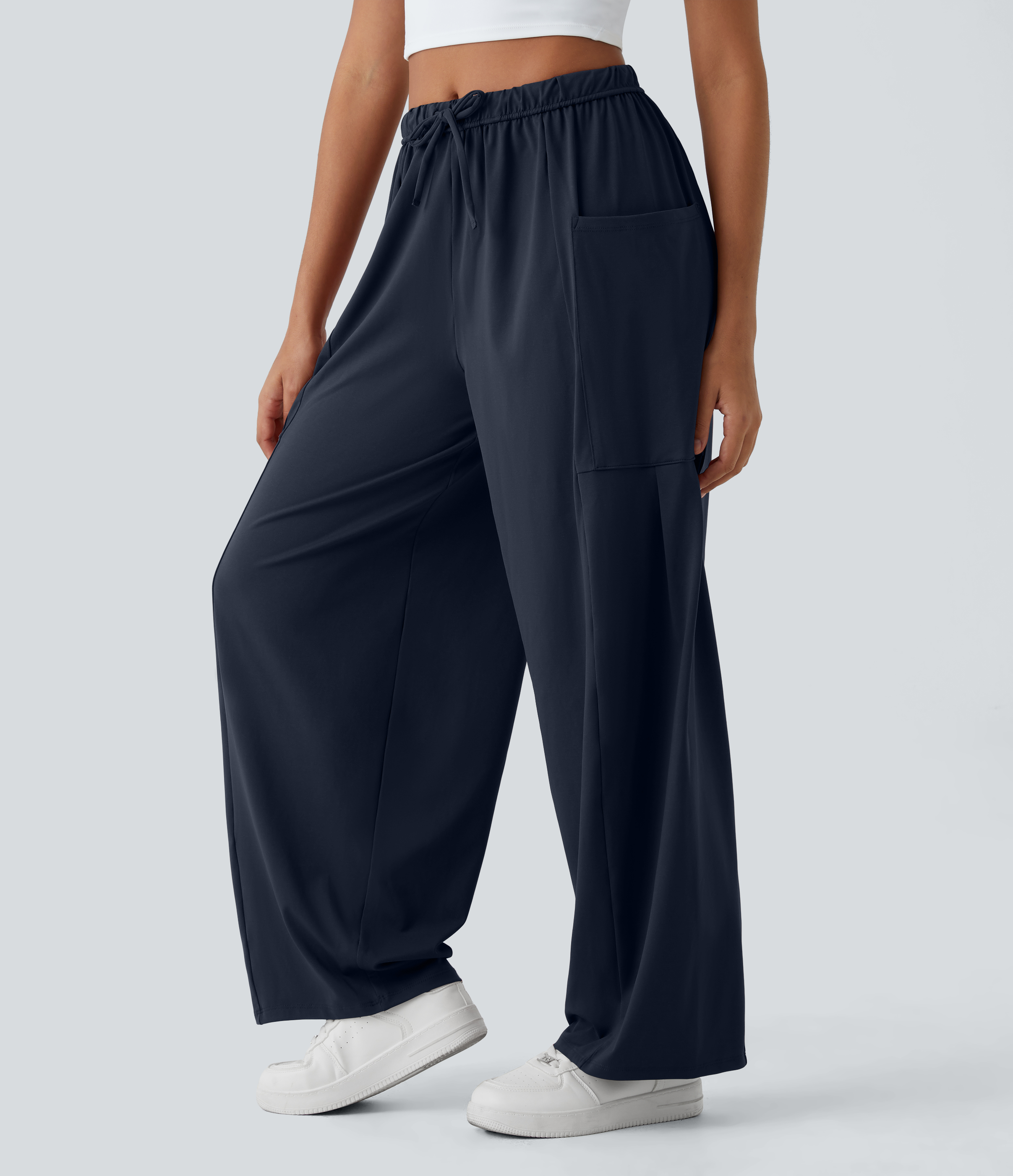 Halara Mid Rise Elastic Waistband Drawstring Side Pocket Palazzo Flowy Wide Leg Casual Pants  - Dark Sapphire - XL sweatpants jogger pants 