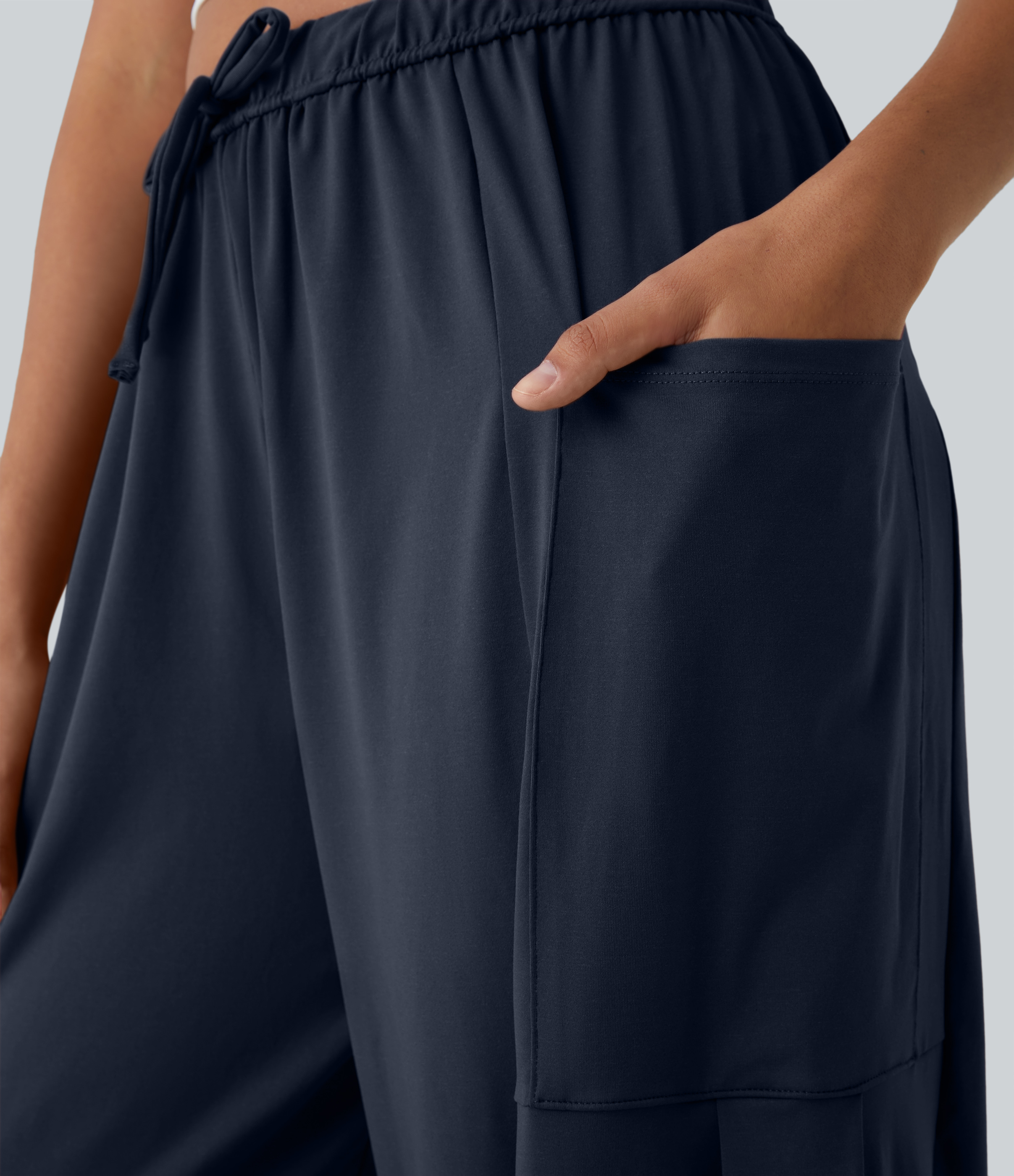 Halara Mid Rise Elastic Waistband Drawstring Side Pocket Palazzo Flowy Wide Leg Casual Pants  - Dark Sapphire - XL sweatpants jogger pants 