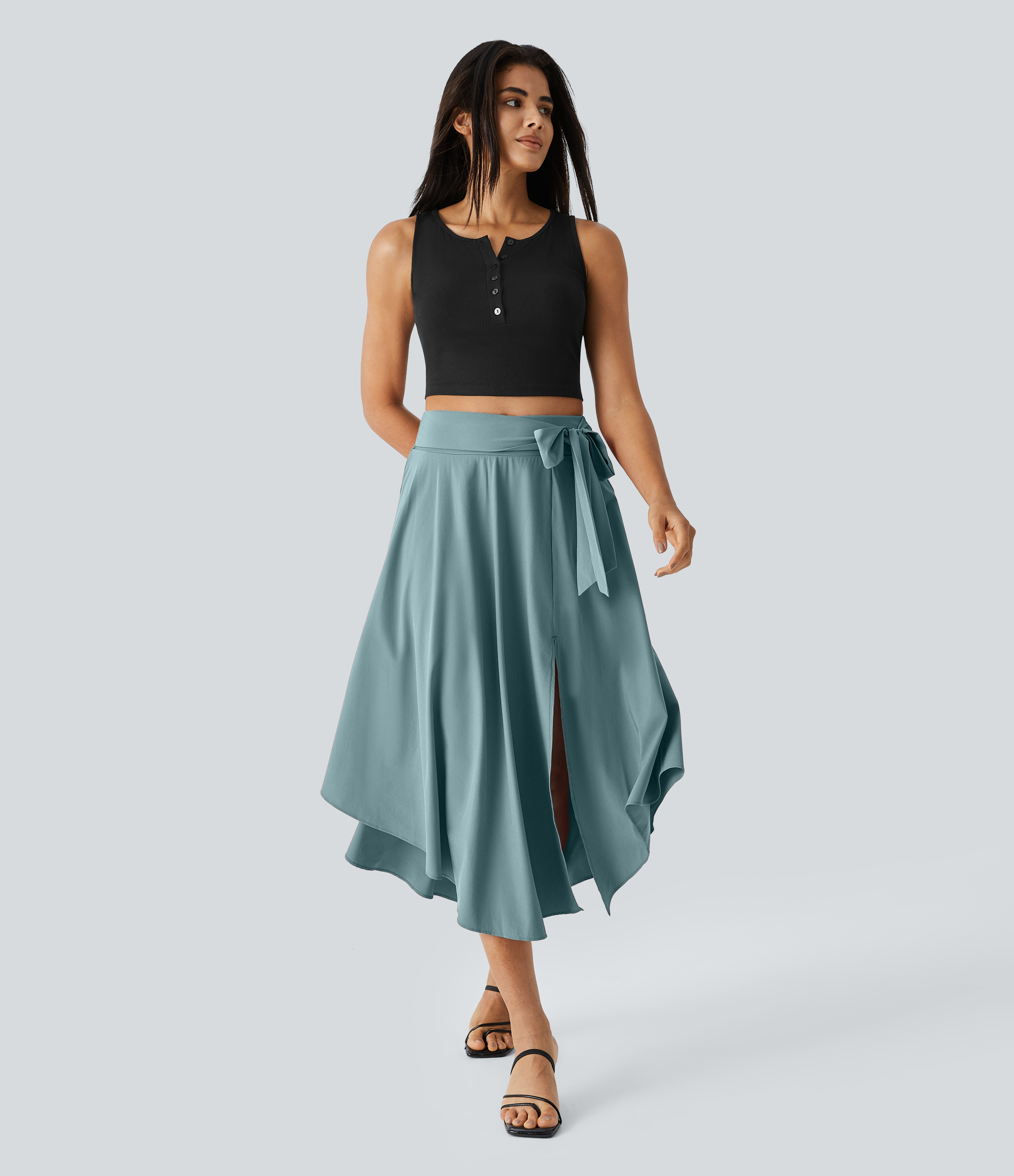 Halara Breezefulв„ў High Waisted Tie Side Split 2-in-1 Curved Hem Flowy Flare Quick Dry Midi Casual Skirt  - Mineral Blue - L(regular) 